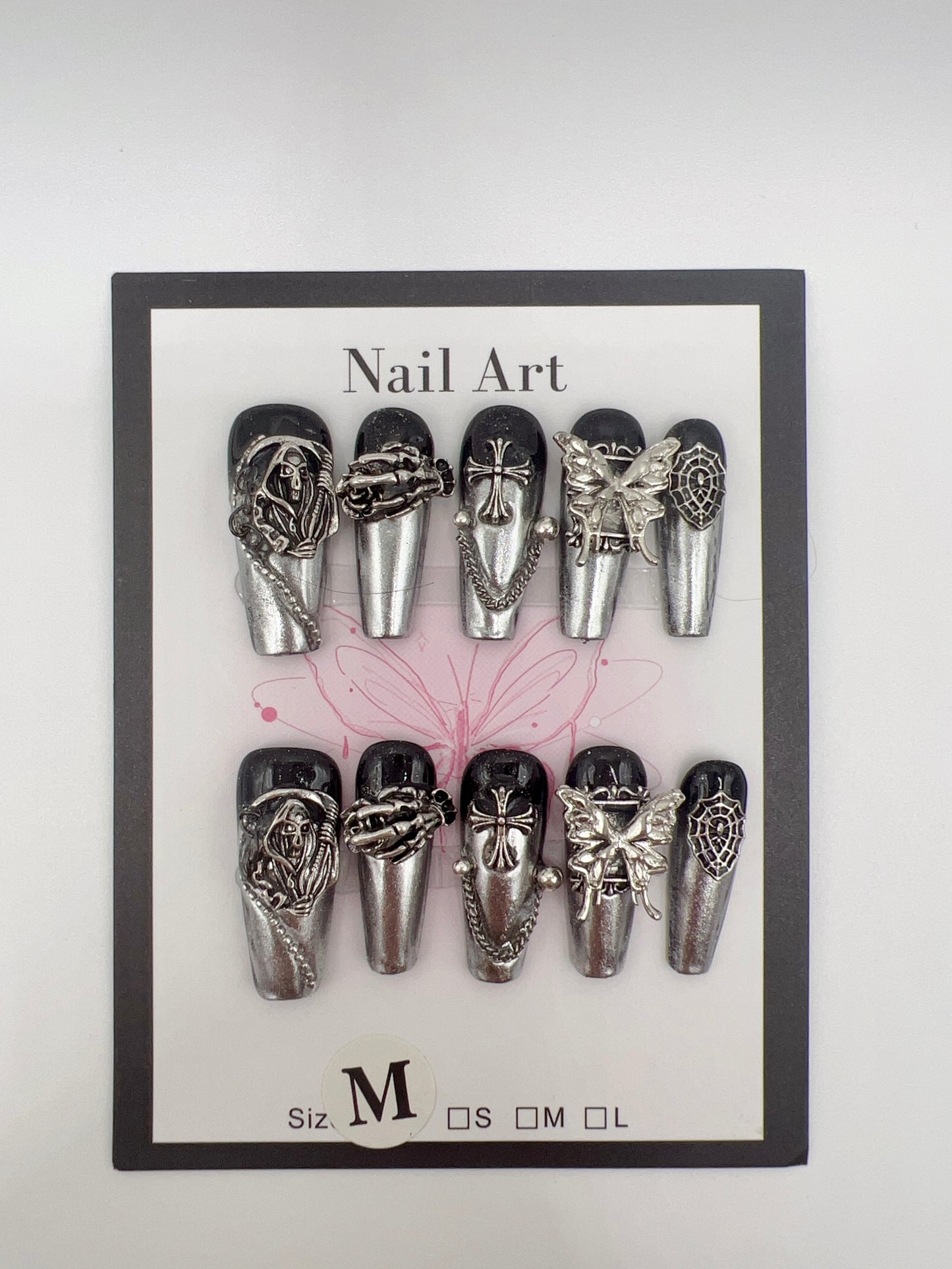 Long Coffin Press-On Nails with Charms – Black Halloween Style