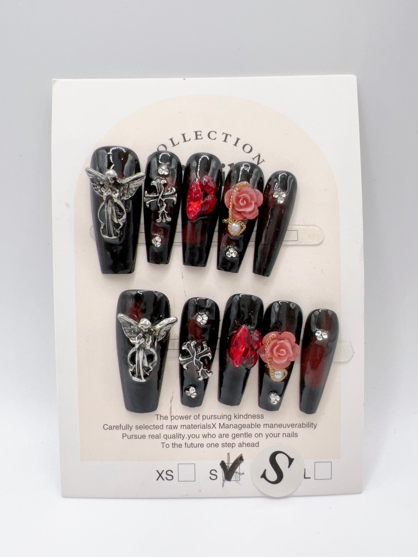 Long Coffin Black and Red Gradient Press On Nails with Rhinestone – Small Size