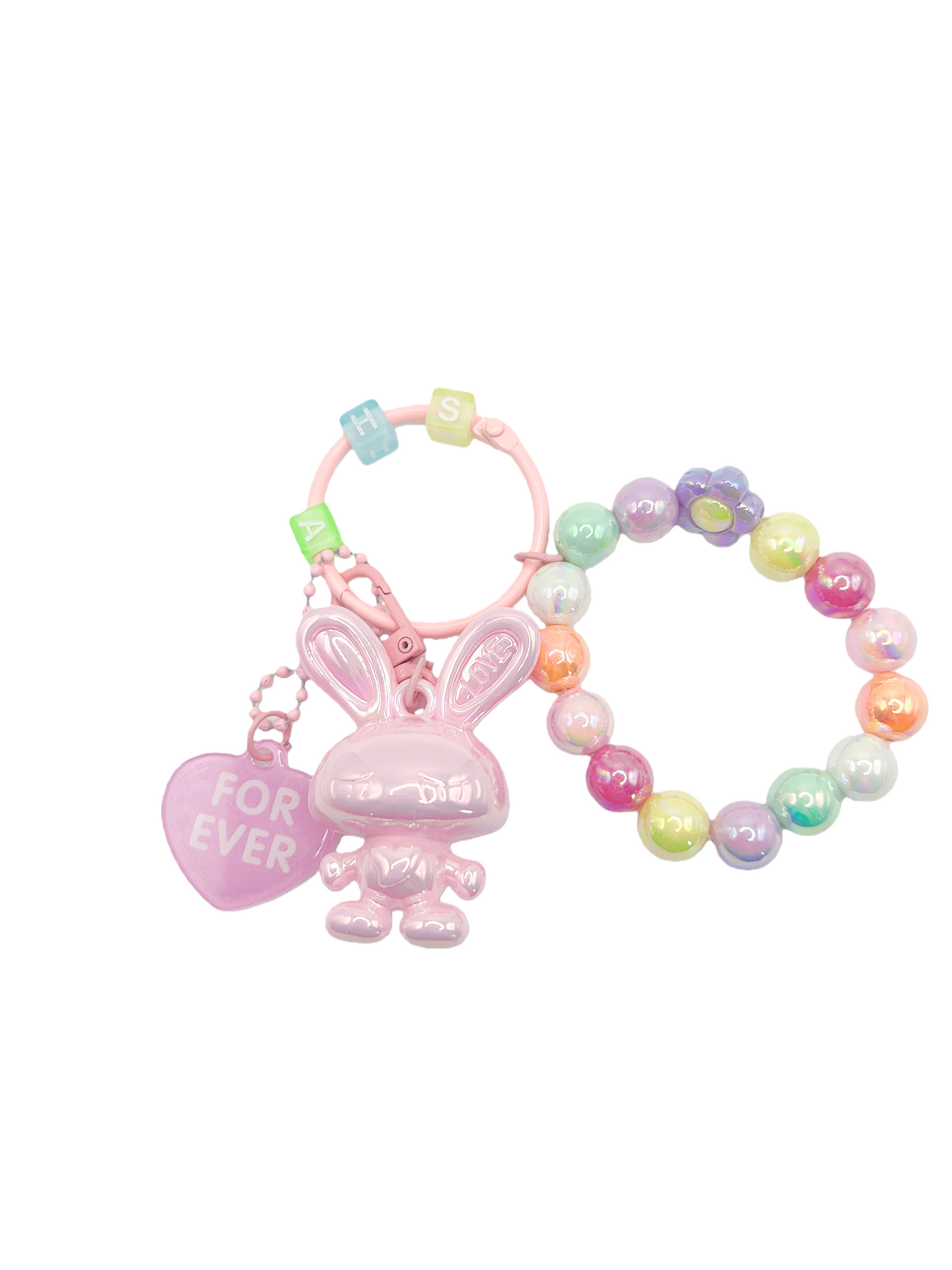 Bright Lacquered Shine Bunny Keychain with Bead Bracelets & Forever Heart Charm – Detachable Cute Bag Chain Accessory, 6 Colors