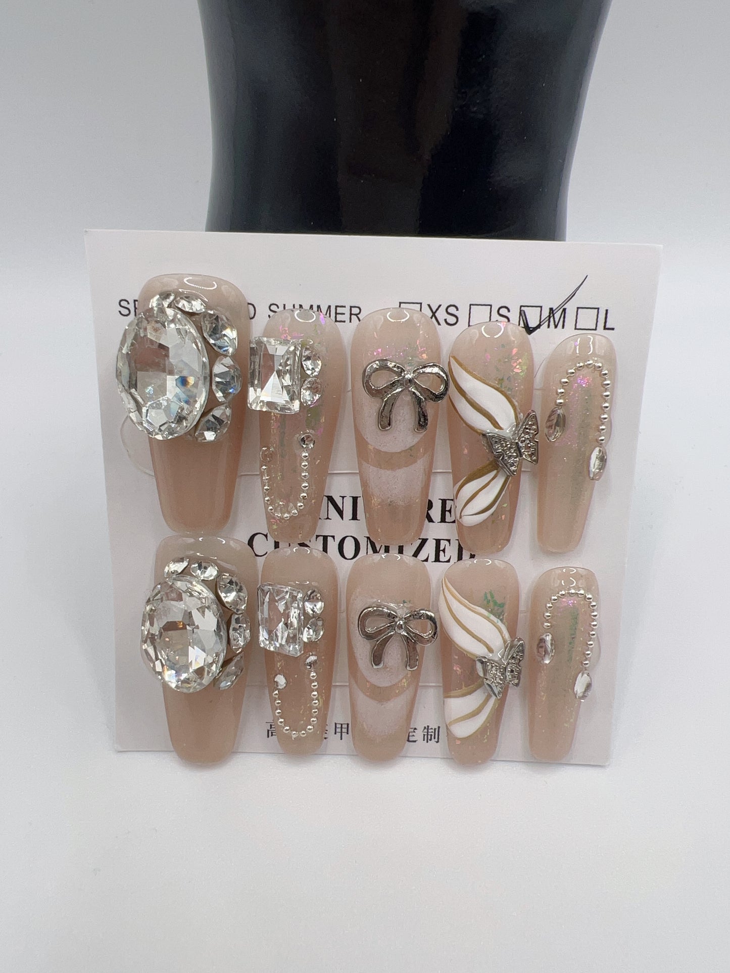 Long Coffin Press On Nails with Rhinestone Charms – 10 Designs, Medium Size