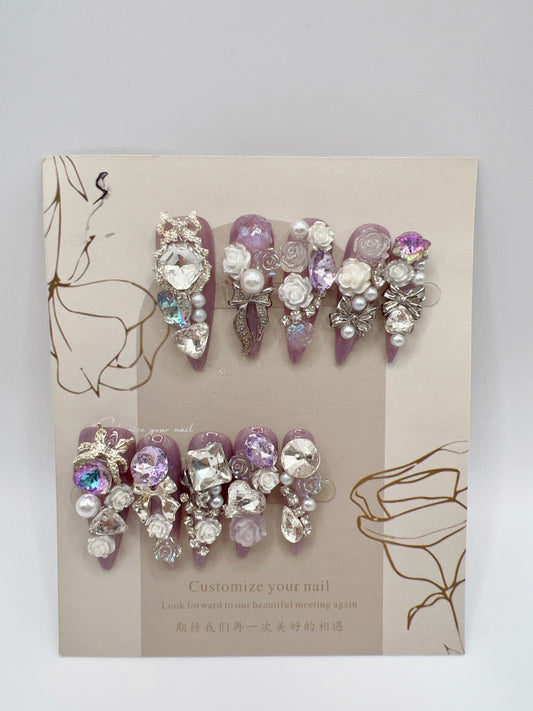 Luxury Long Stiletto Press-On Nails with Heavy Rhinestones & 2D Flower Charms – Small Size