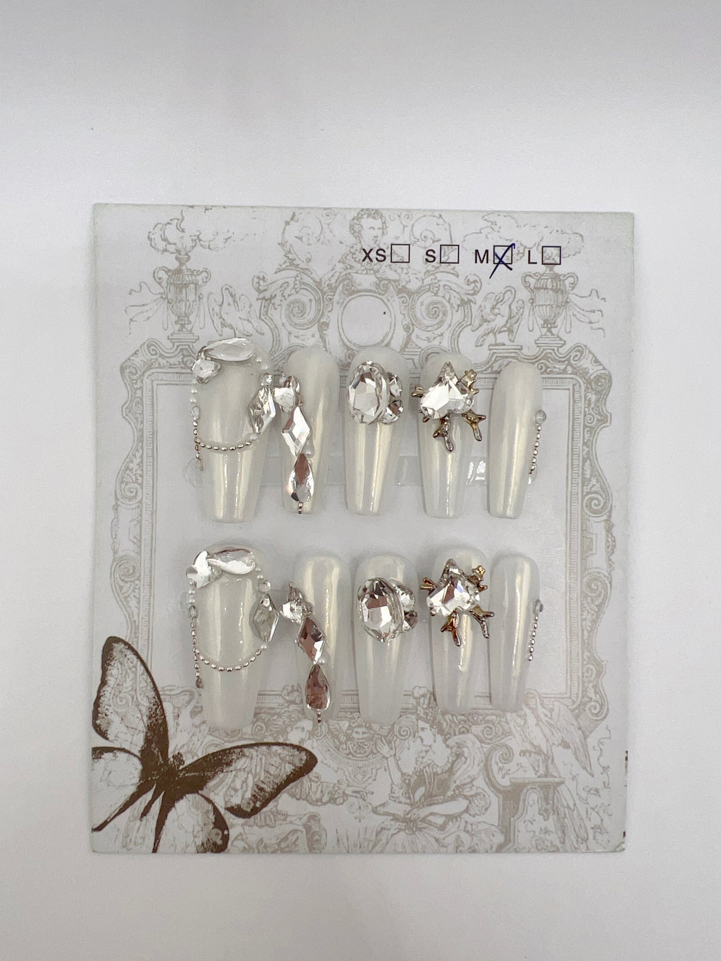 White Long Coffin Press On Nails with Rhinestone – Medium Size