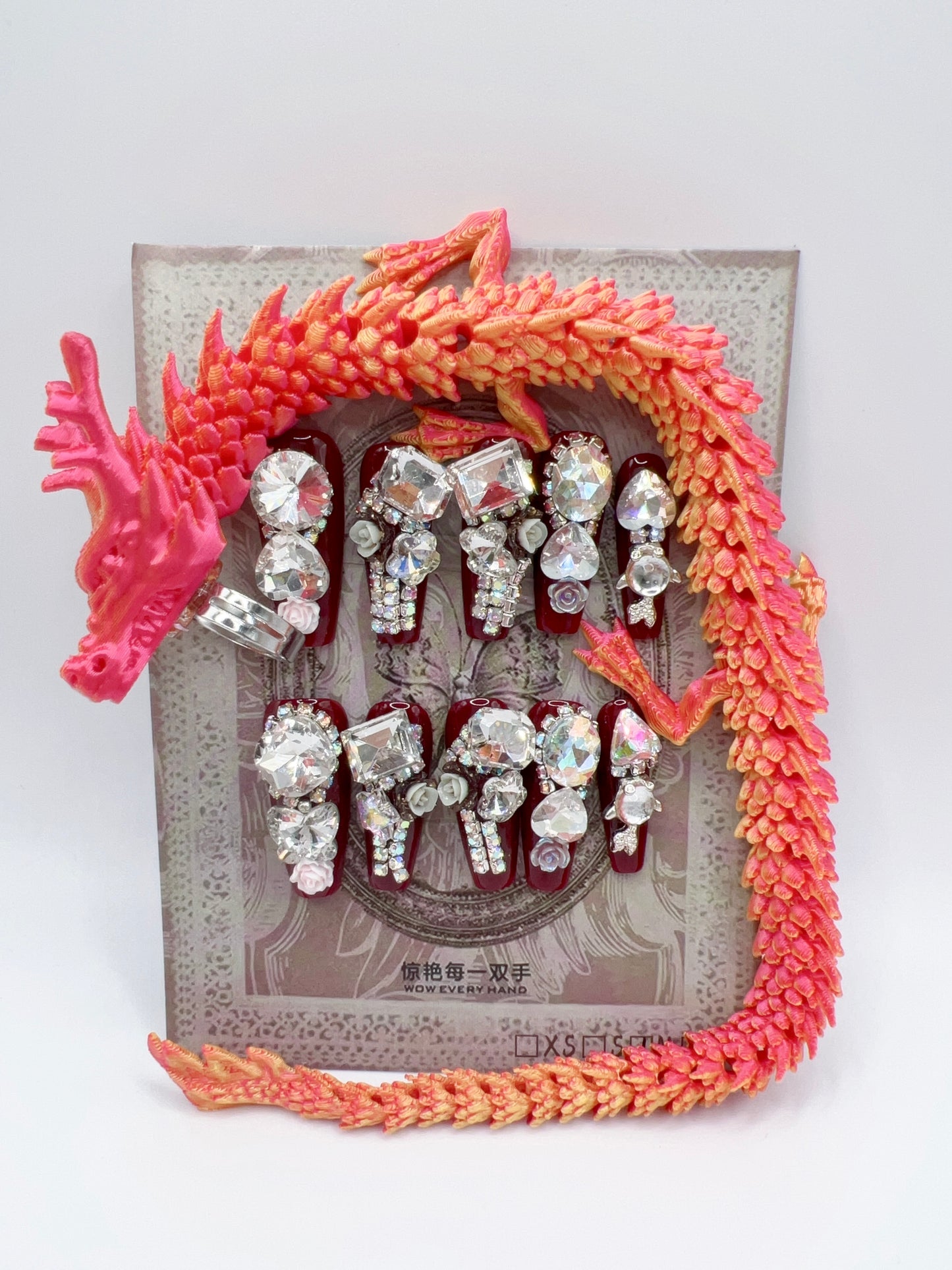 Luxury Rhinestone Press-On Nails with 3D Flower Charms & Dragon Rings – Long Coffin, Medium Size, Reusable