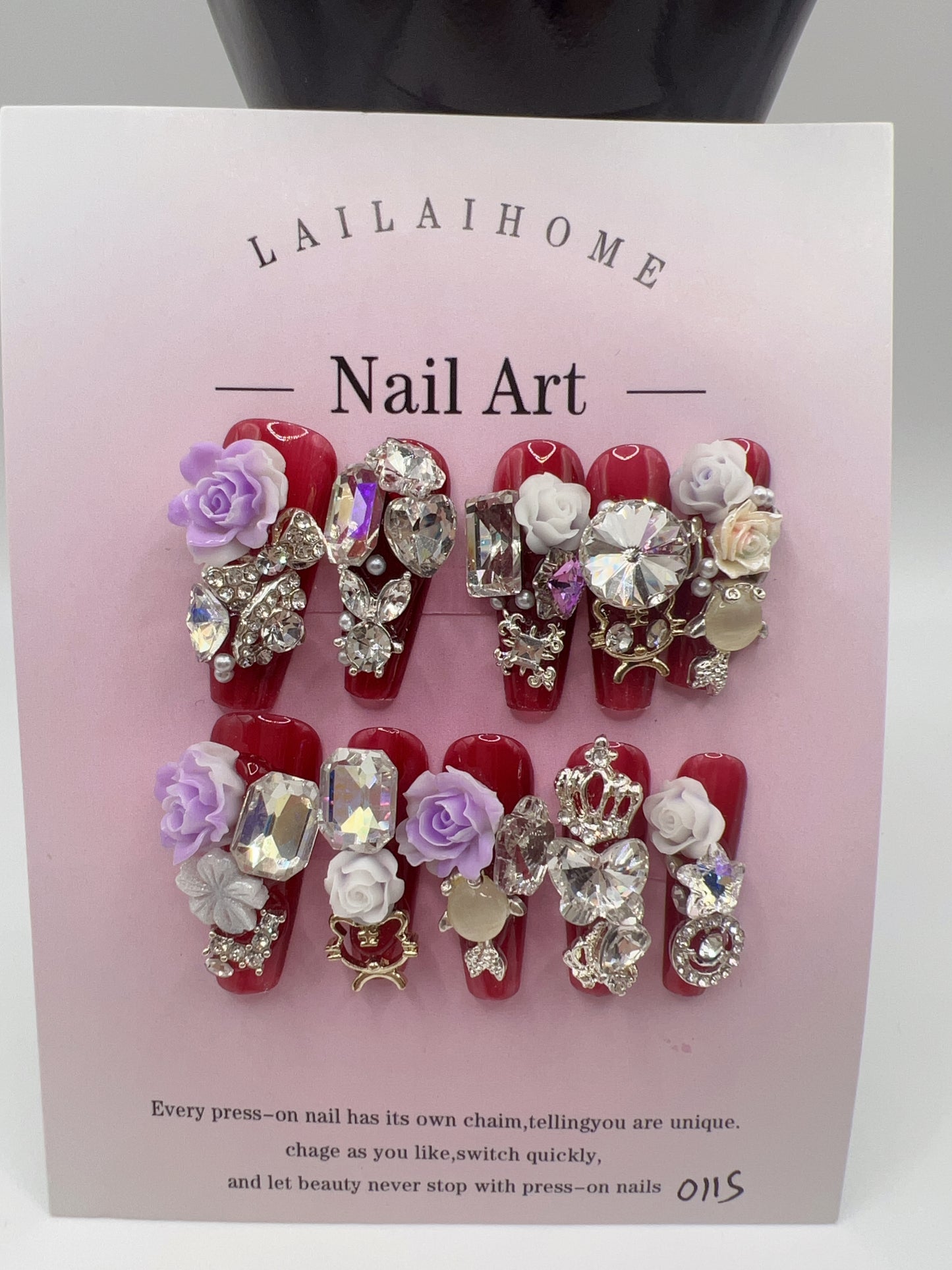Long Coffin Press-On Nails with Heavy Rhinestones & 2D Flower Charms – 10 Designs, Small Size