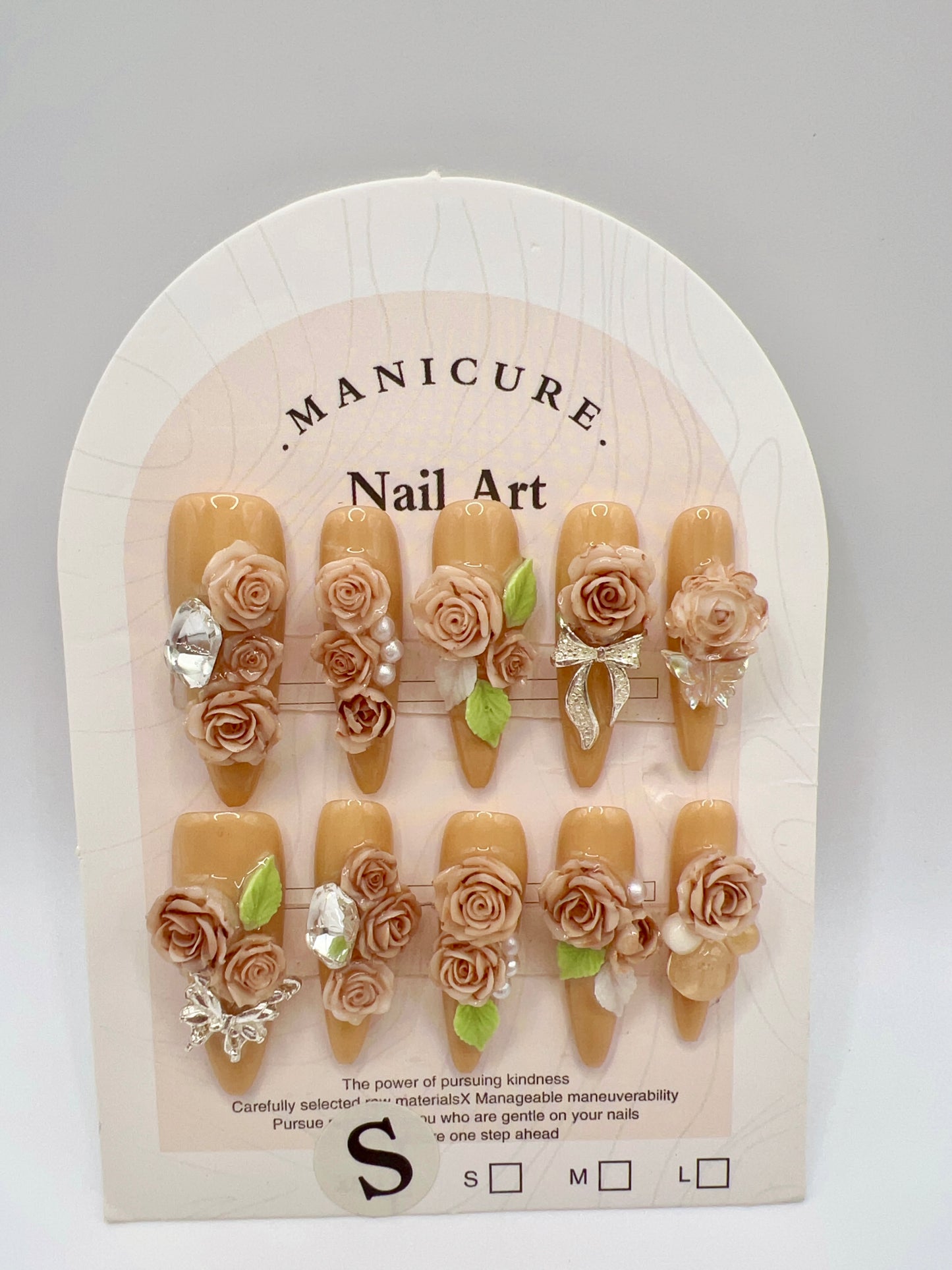 Long Stiletto Press On Nails with Rhinestone & 2D Flowers – Small Size