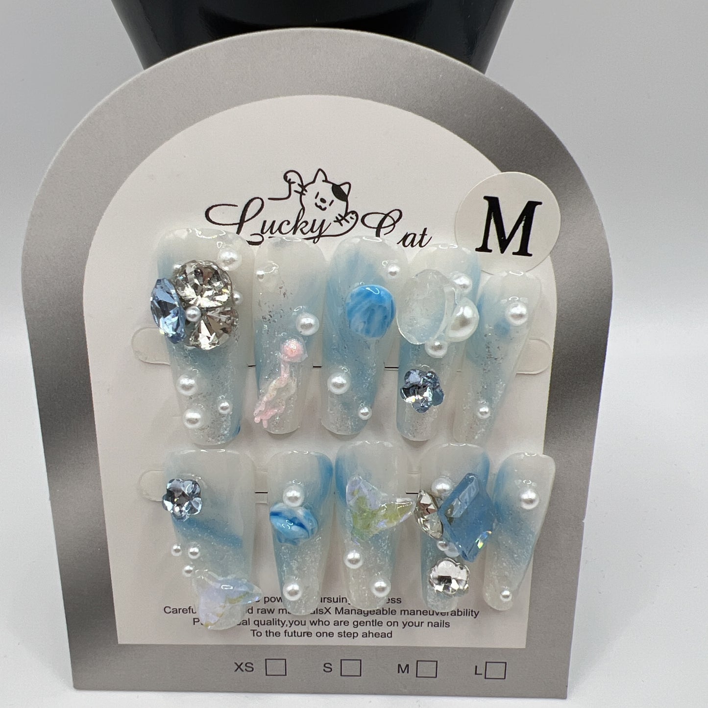 Long Coffin Press On Nails with Rhinestone Charms – 10 Designs, Medium Size