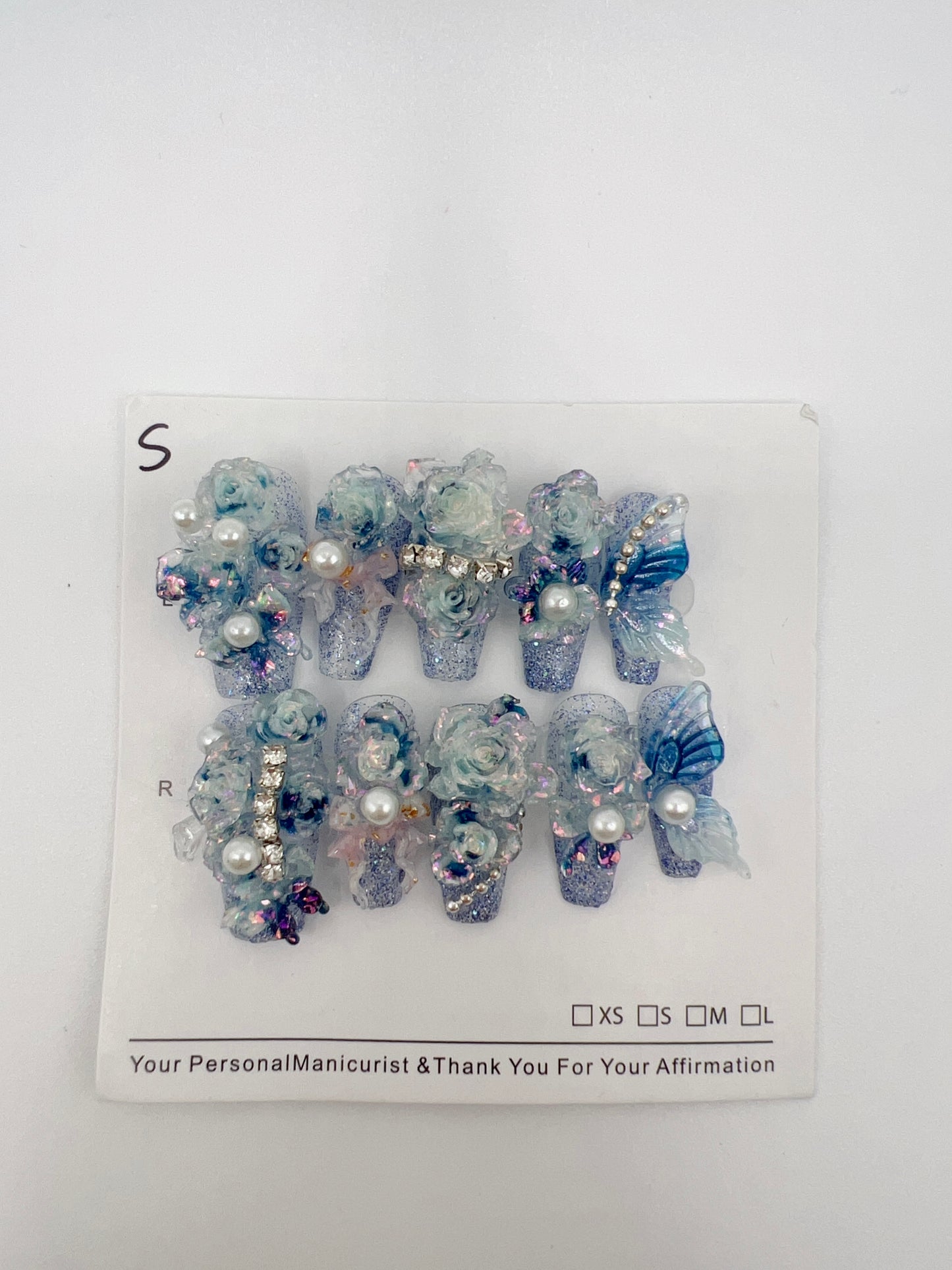 Luxury Medium Coffin Press-On Nails with 2D Flower & Pearl Charms