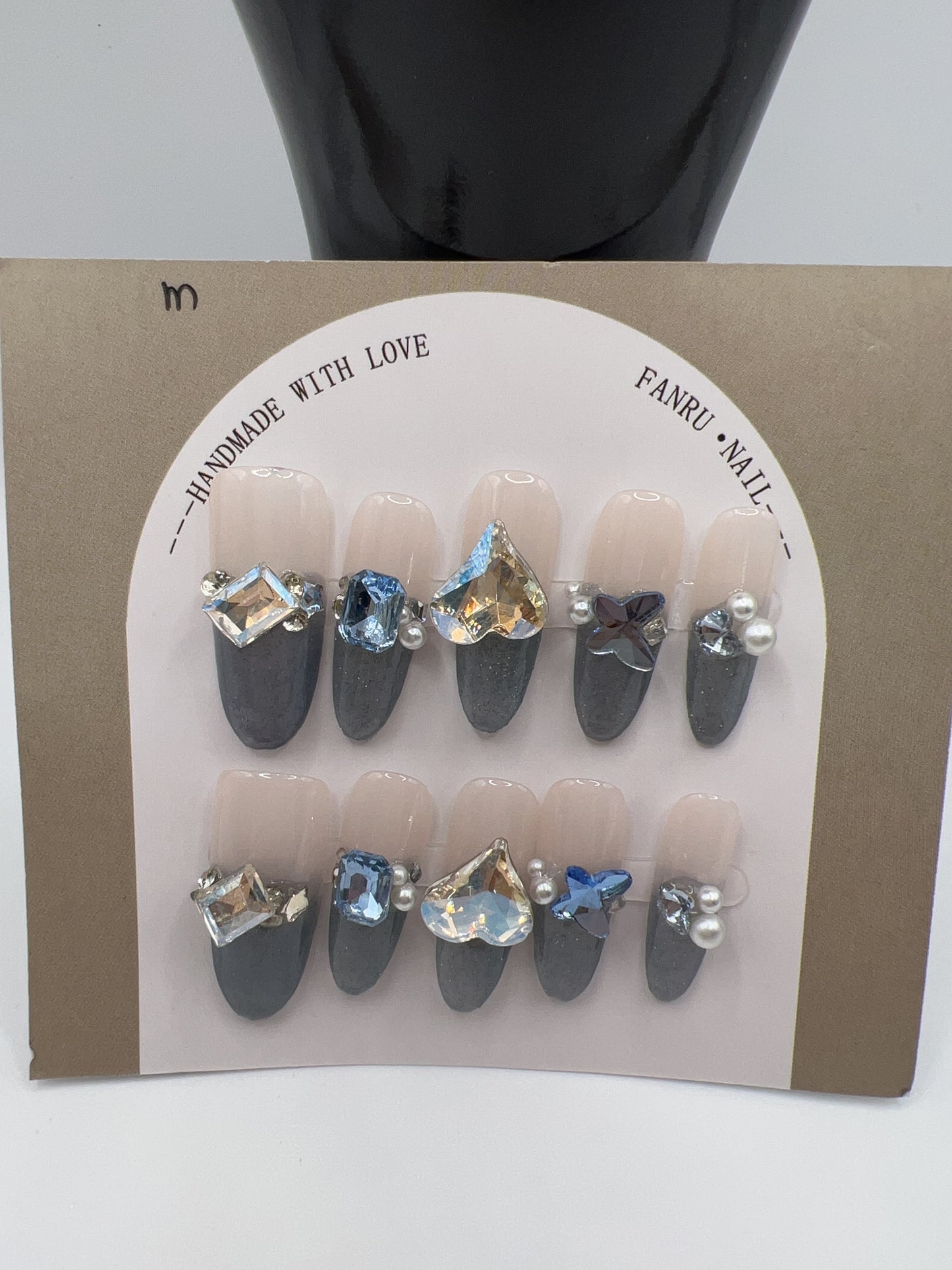 Long Oval Press On Nails with Rhinestone Charms – Glam Fake Nails, Medium Size, 10 Designs