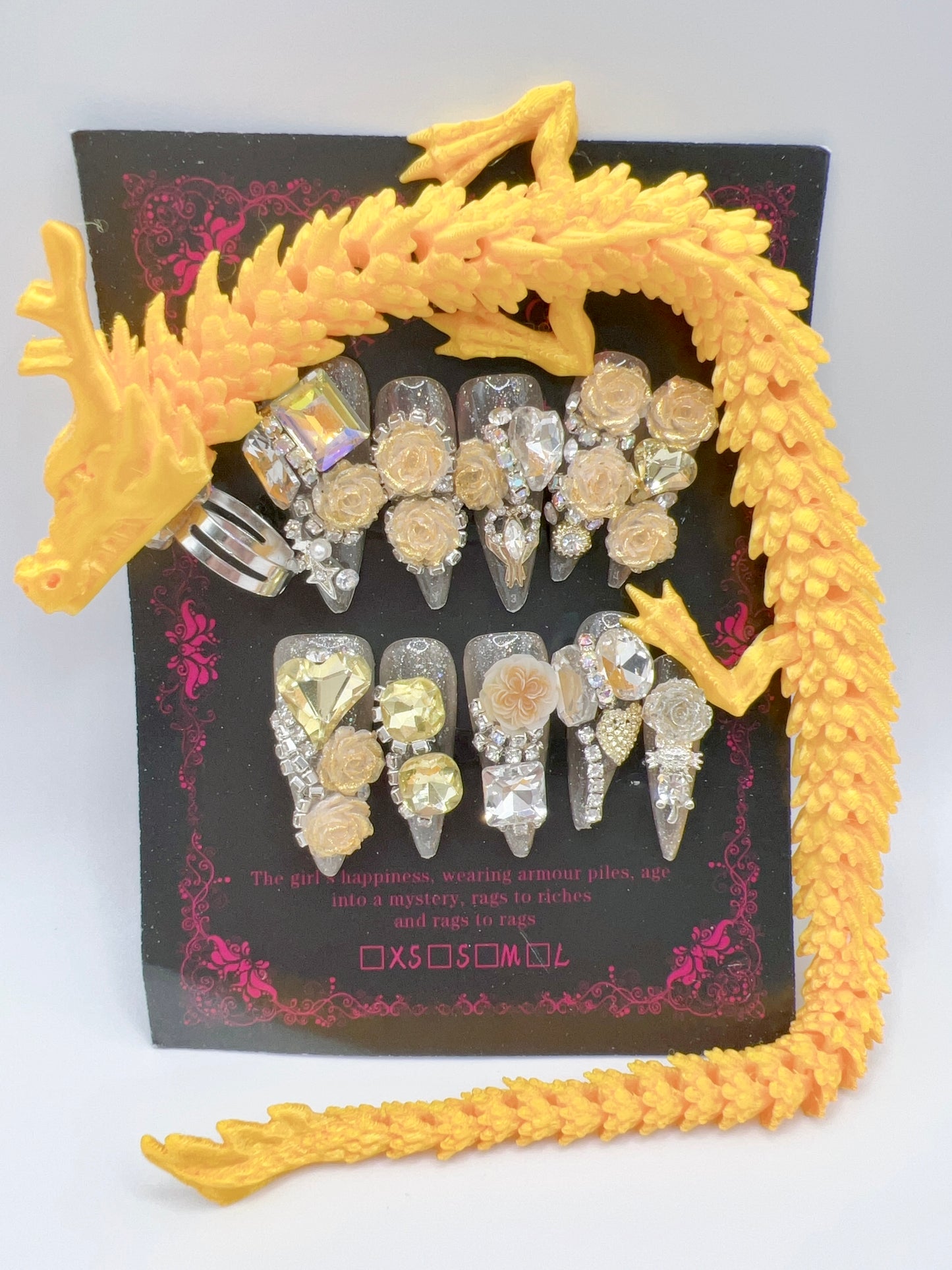 Luxury Rhinestone Press-On Nails with 3D Flower Charms & Dragon Rings – Long Stiletto, Large Size, Reusable