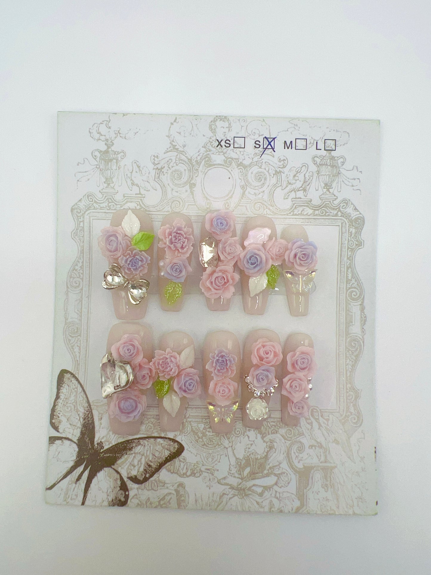 Long Coffin Press On Nails with Rhinestone and 2D Flowers – Small Size