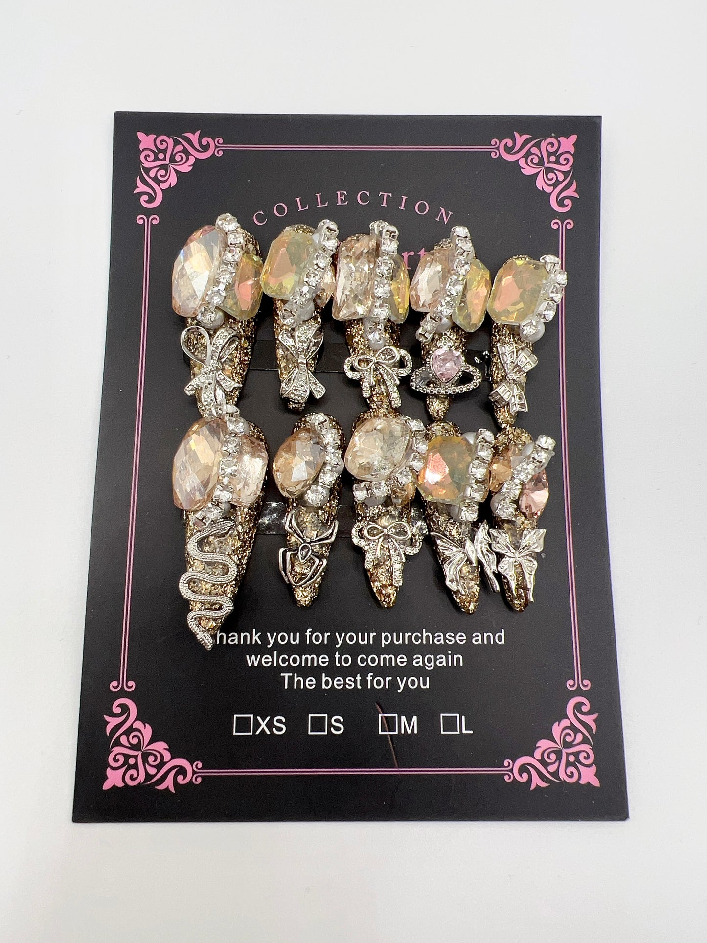 Luxury Rhinestone & Charm Press-On Nails – Glitter Stiletto Long Length, Medium Size