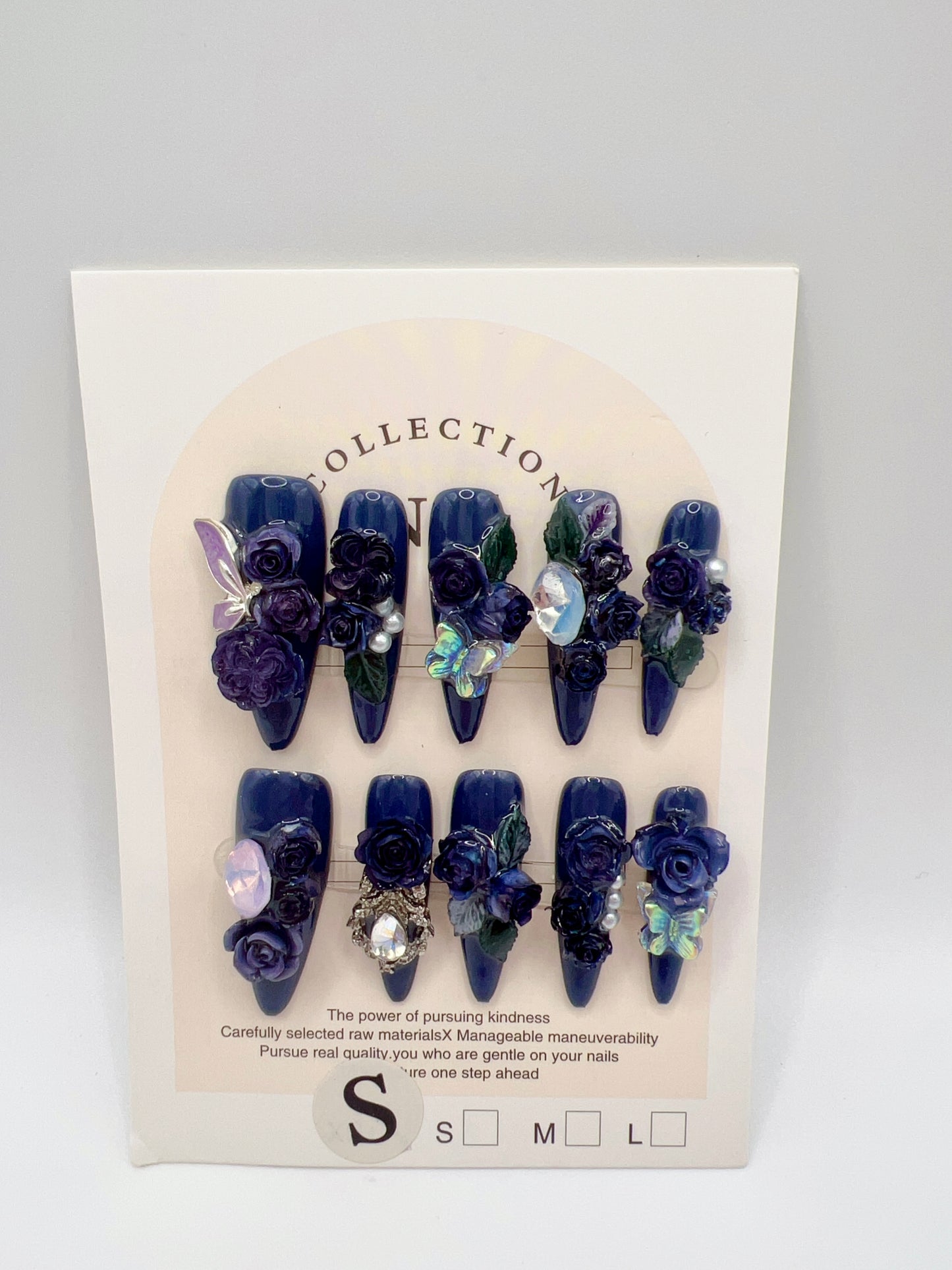 Long Stiletto Press On Nails with Rhinestone & 2D Flowers – Small Size