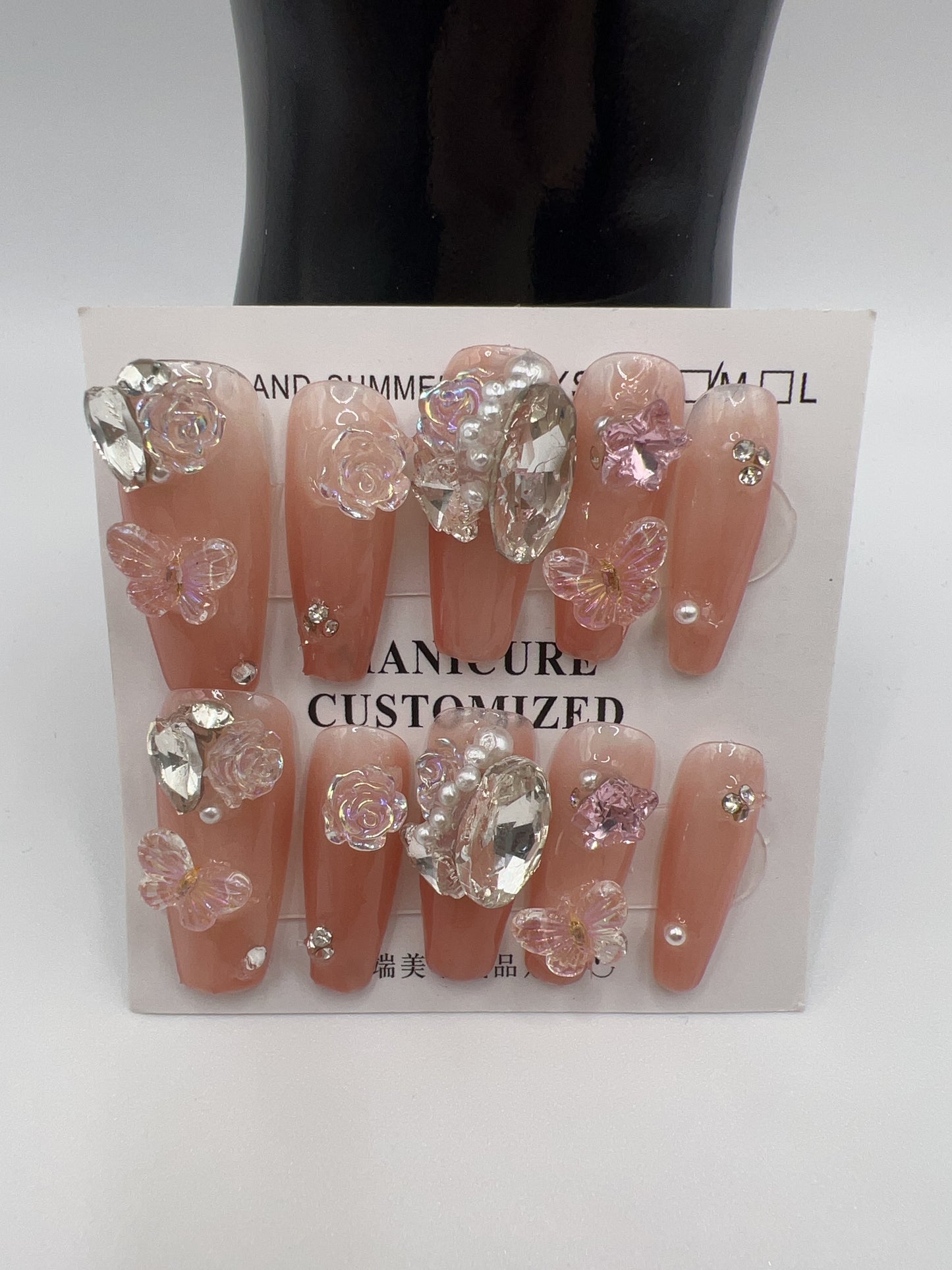 Long Coffin Press-On Nails with Rhinestone & Charms – 9 Designs, Medium Size