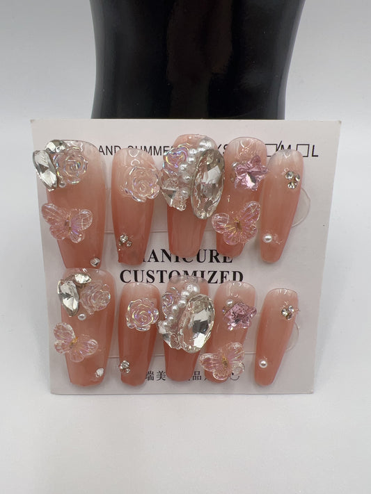 Long Coffin Press-On Nails with Rhinestone & Charms – 8 Designs, Medium Size