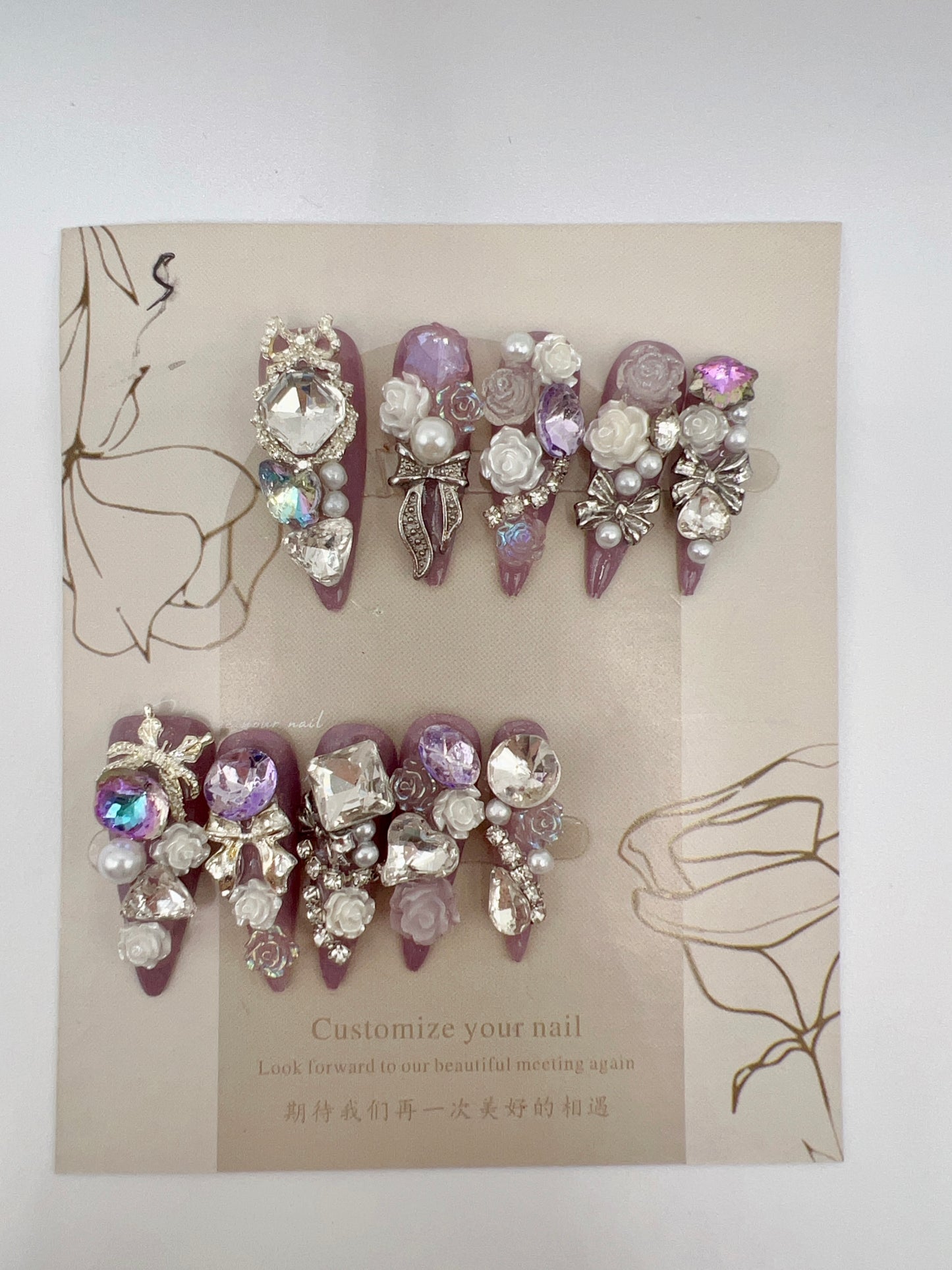 Luxury Long Stiletto Press-On Nails with Heavy Rhinestones & 2D Flower Charms – Small Size