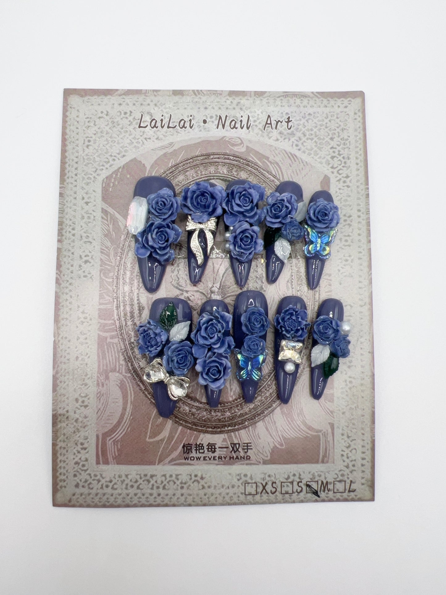 Long Stiletto Press-On Nails with Heavy Rhinestones & 3D Flower Charms