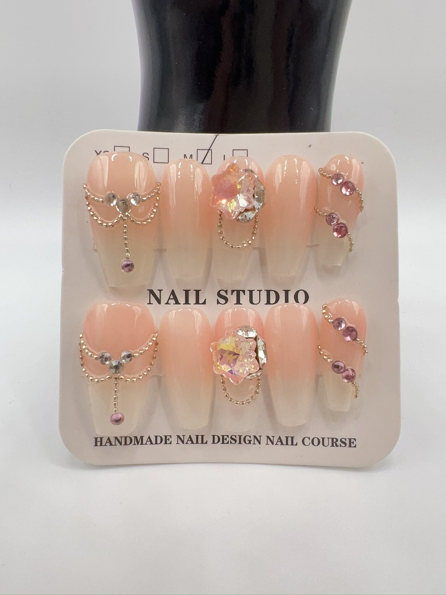 Medium Length Coffin Press On Nails with Rhinestone Charms – 10 Designs, Medium Size