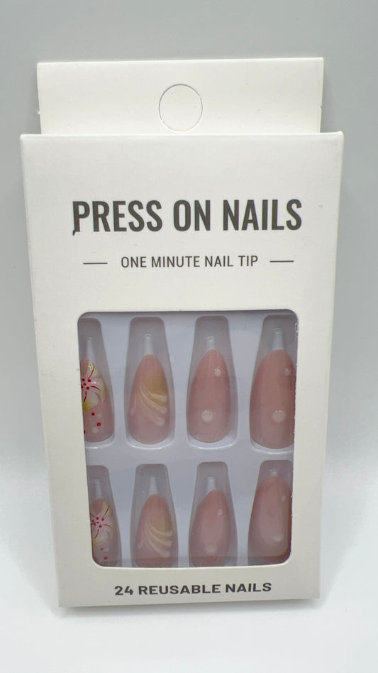 24pcs Almond Press On Nails Flower Skin Color Fit All Sizes Elegant