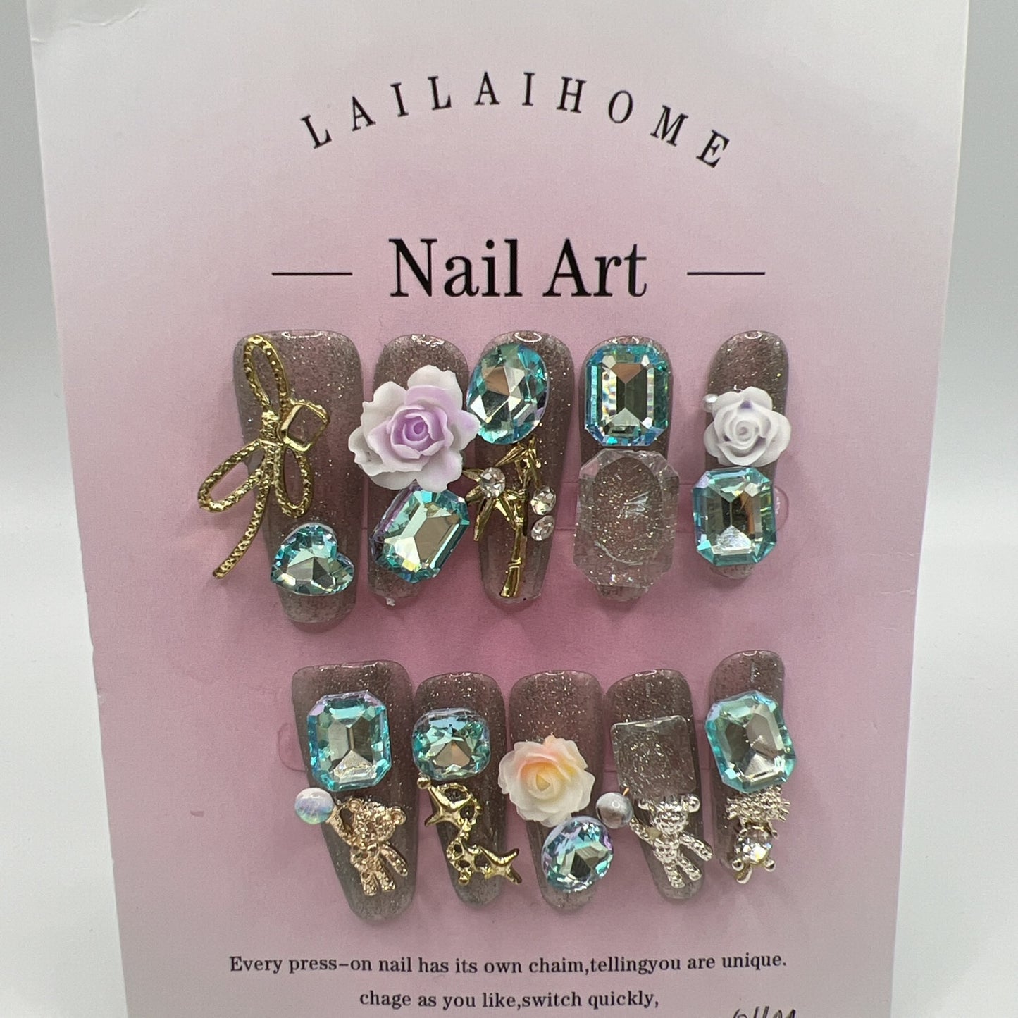 Long Coffin Press On Nails with Heavy Rhinestone & 2D Flower Charms – 10 Designs, Medium Size