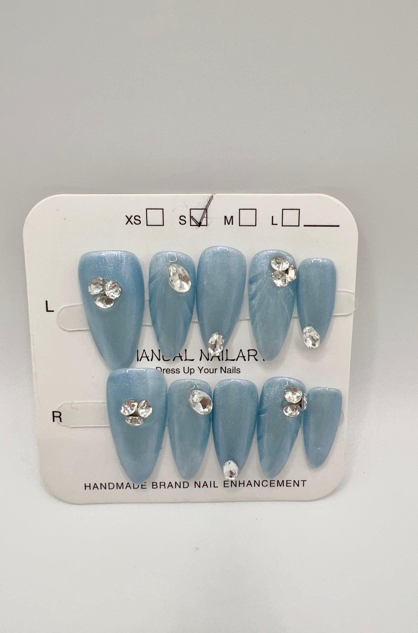 Blue Almond Press-On Nails with Rhinestone Shimmer – Small Size