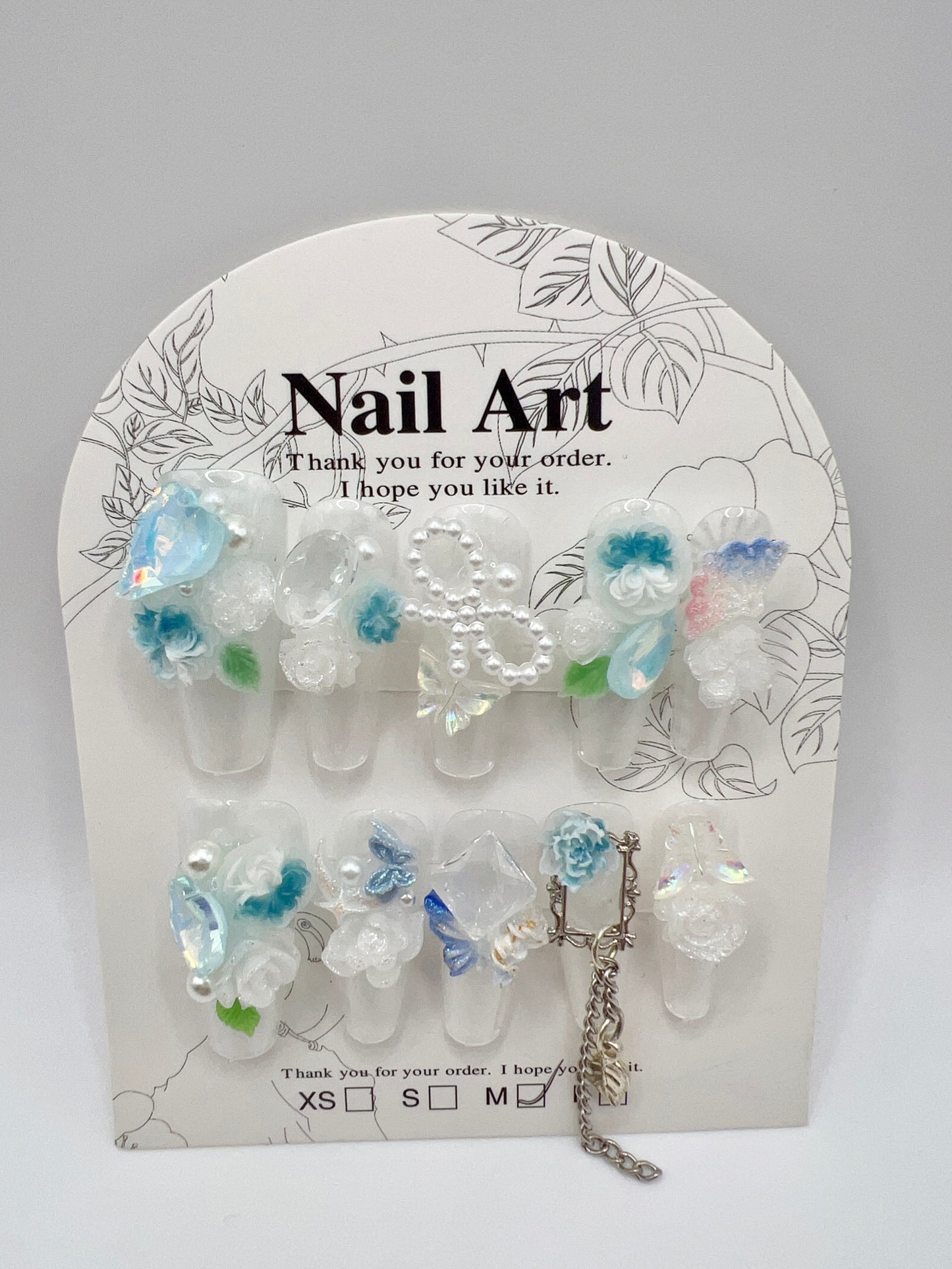 Long Coffin Press On Nails with Rhinestone and Pearl – Medium Size