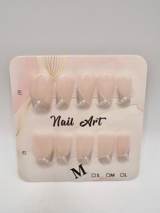 Short Square Press On Nails with Pearl and Glitter Elegant– Medium Size
