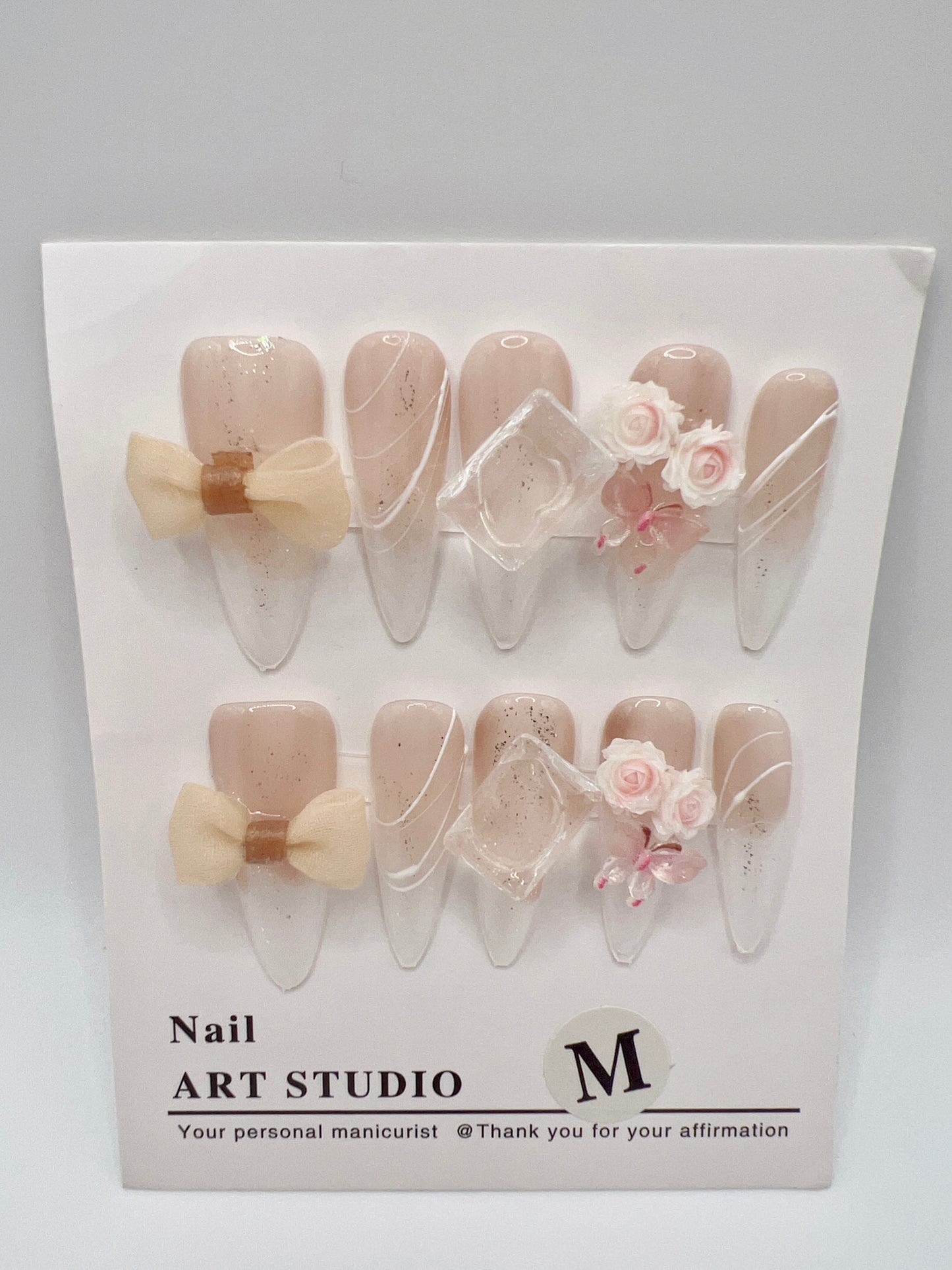 Long Stiletto Press On Nails with Bow and 2D Flowers – Medium Size