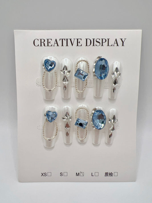 Long Coffin Press On Nails with Rhinestone – Medium Size