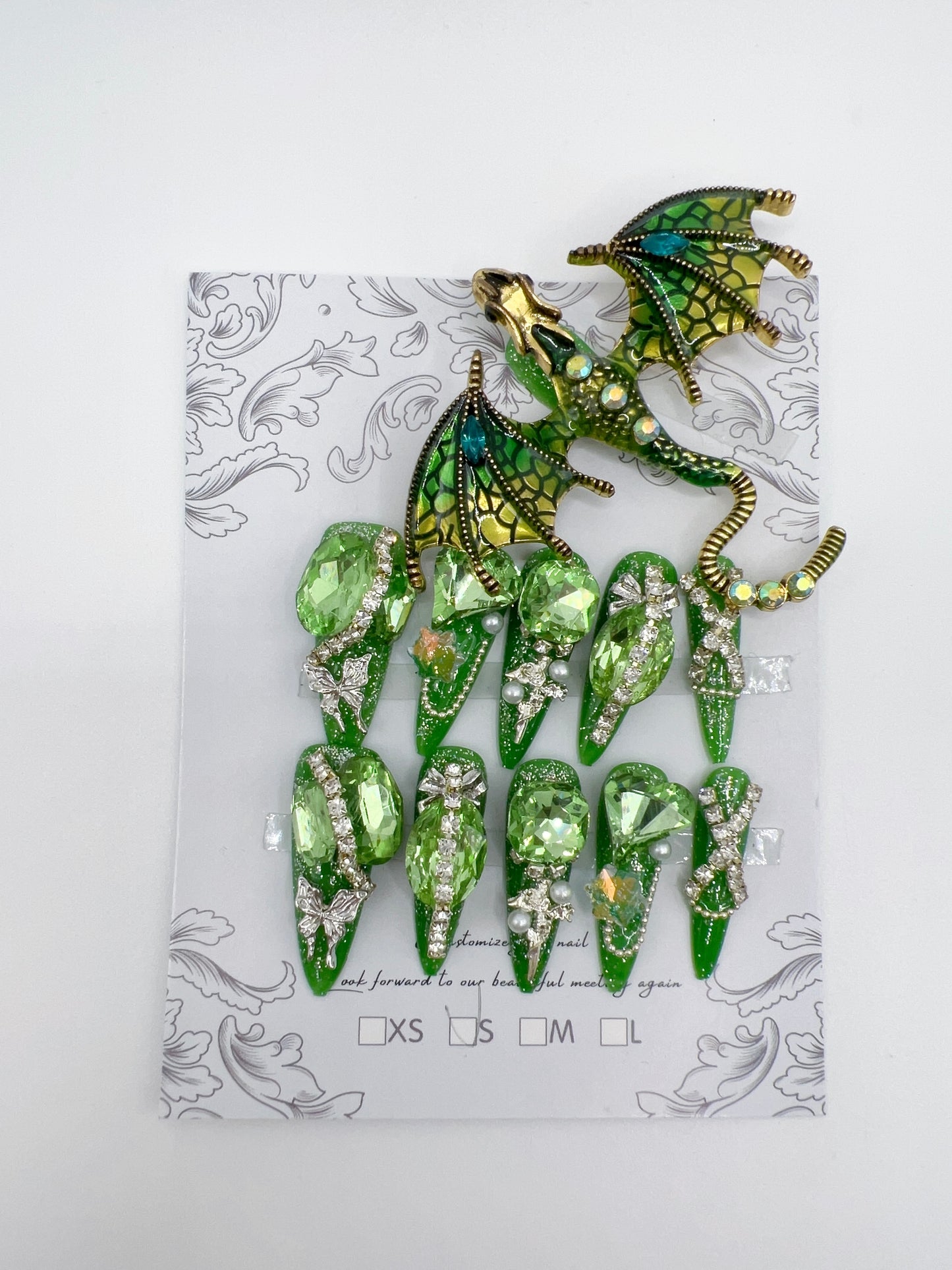 Green Luxury Dragon Charm Press-On Nails – Rhinestone Glitter, Long Stiletto, Small Size, 11-Piece Set