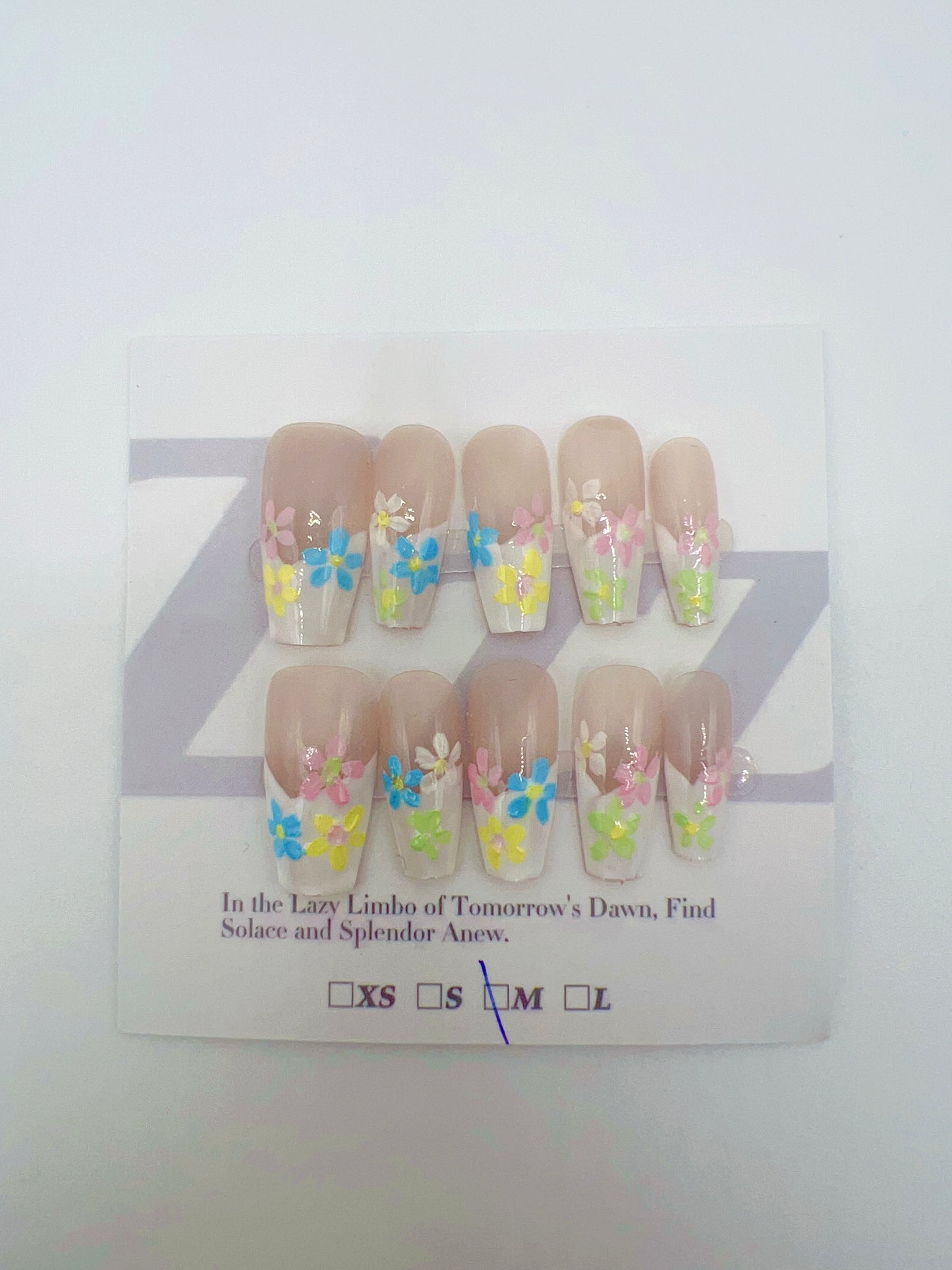 Medium Coffin French Tip Press On Nails with Painted Flower