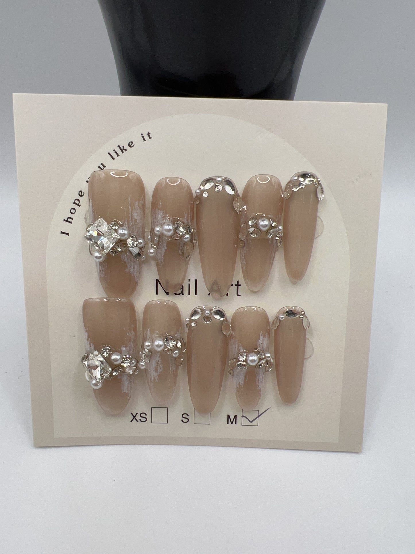 Long Oval Press On Nails with Rhinestone Charms – Glam Fake Nails, Medium Size, 10 Designs