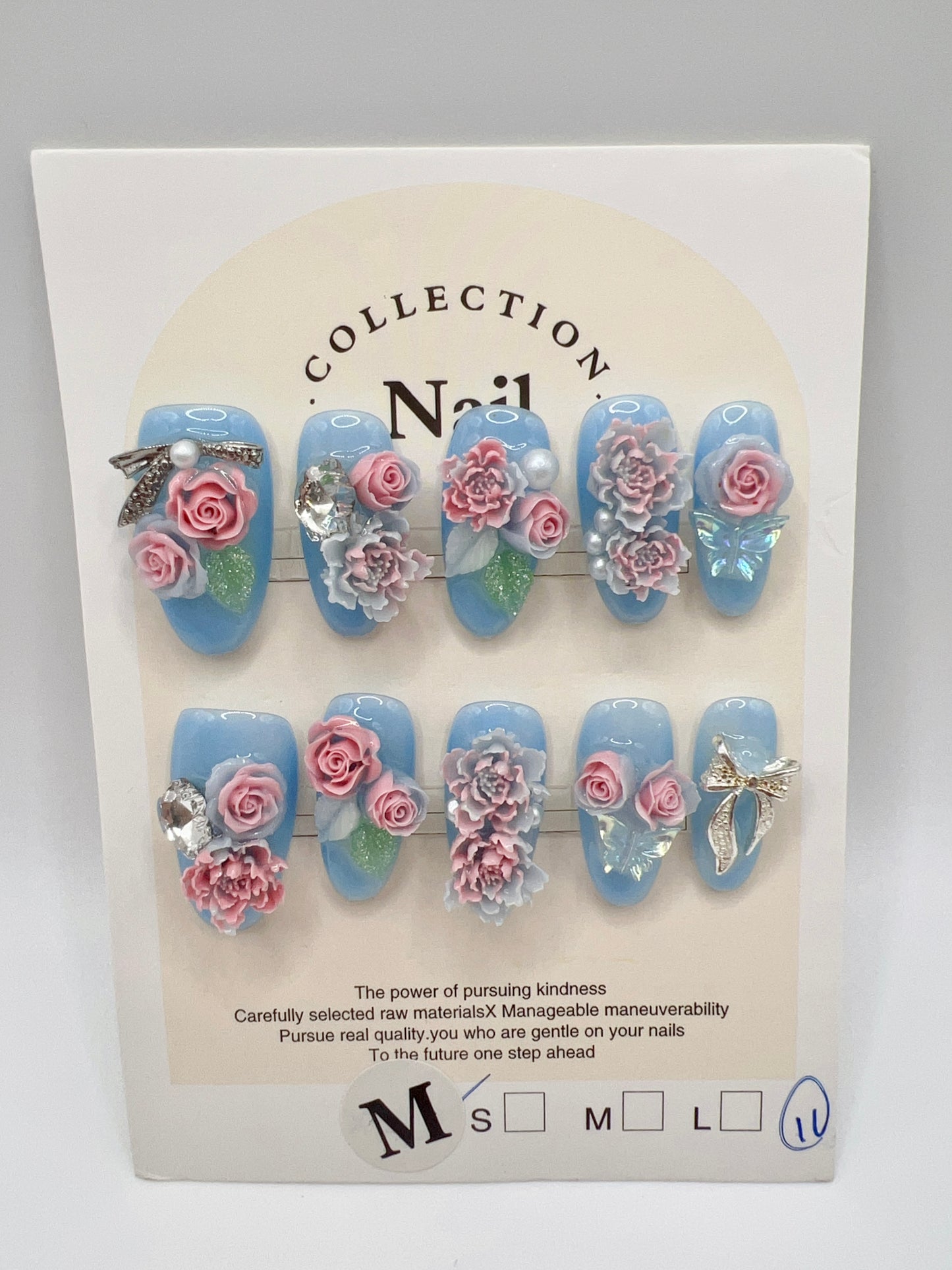 Blue Medium Oval Press On Nails with Rhinestone and 2D Flowers – Medium Size