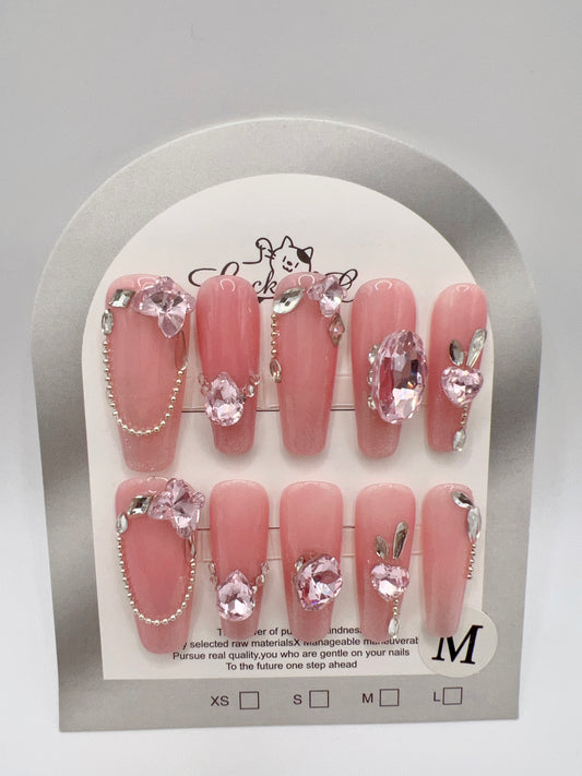 Pink Long Coffin Press On Nails with Rhinestone & Glitter