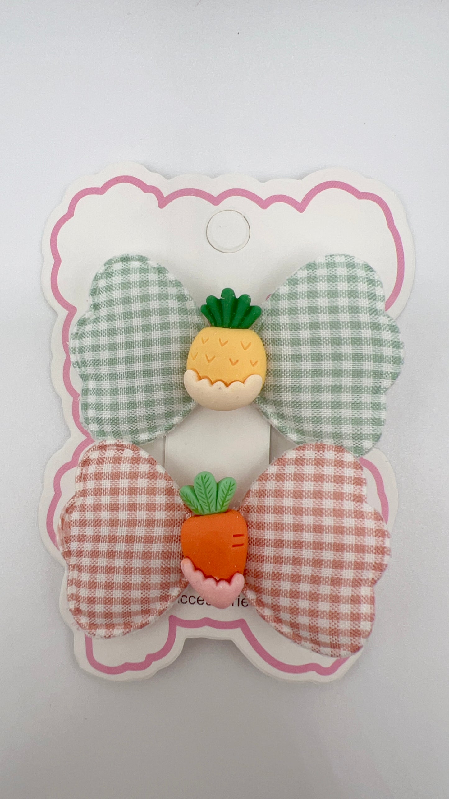 Plaid Bow Hair Clip with Fruit Resin Center – Cute for Girls & Gift Idea