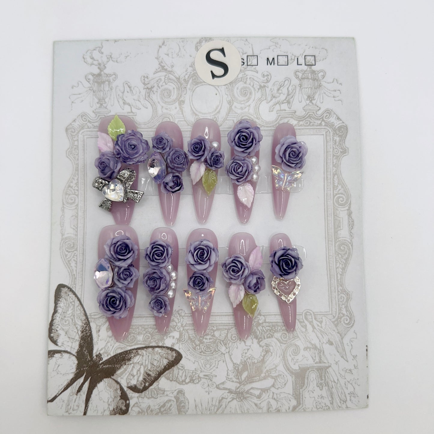 Purple Long Stiletto Press On Nails with Rhinestone 2D Flowers – Small Size
