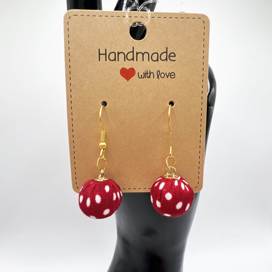 Red Fabric Flower Ball Drop Earrings with White Dots | Lightweight & Stylish | Playful Chic