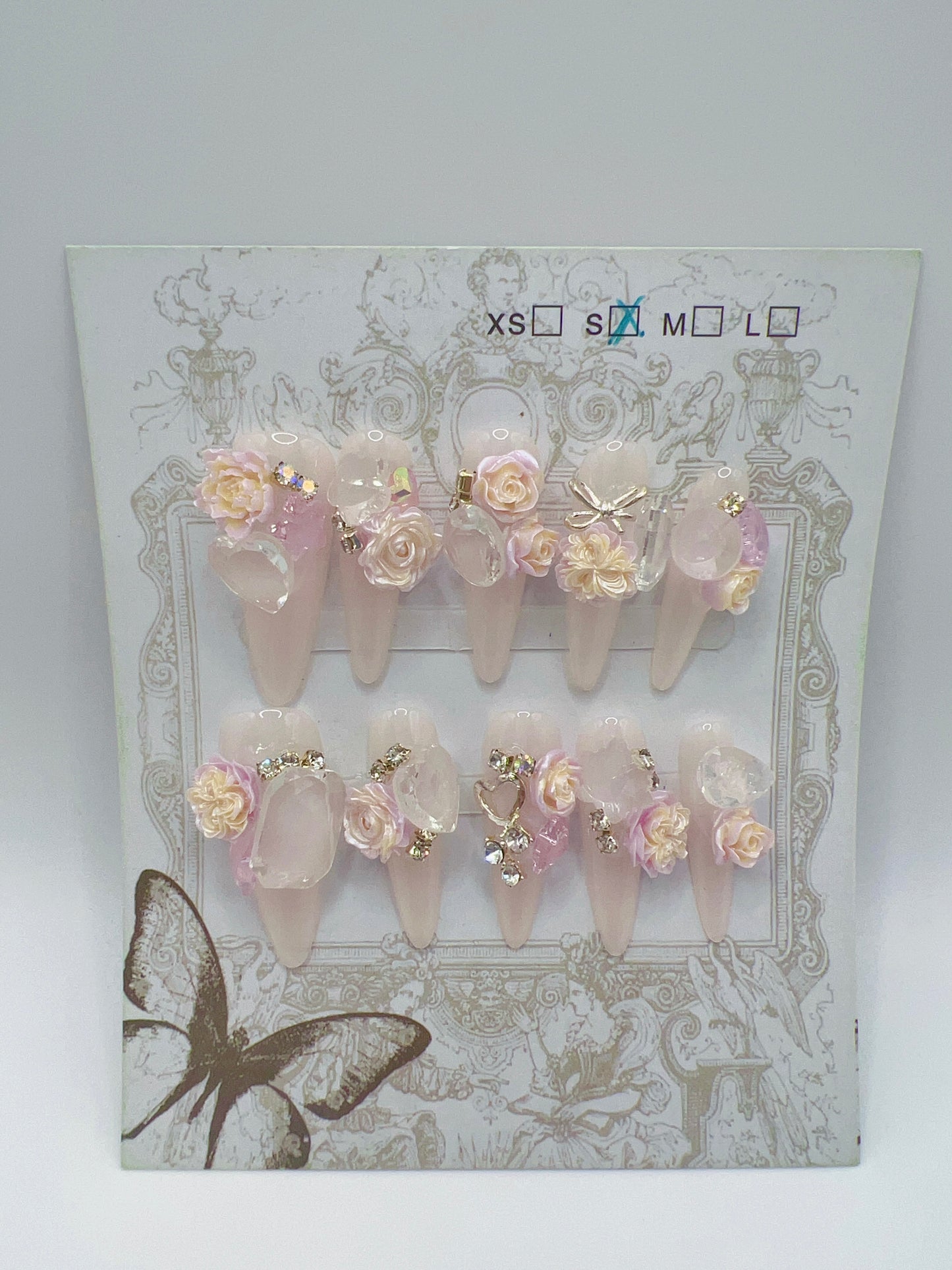 Luxury Long Stiletto Press-On Nails with Heavy Rhinestones & 2D Flower Charms – Small Size