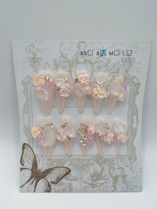 Luxury Long Stiletto Press-On Nails with Heavy Rhinestones & 2D Flower Charms – Small Size