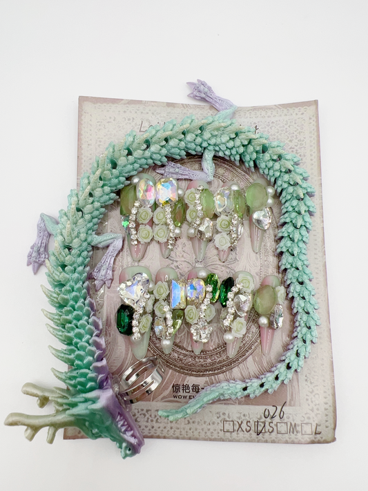 Luxury Rhinestone Press-On Nails with 3D Flower Charms & Dragon Rings – Long Stiletto, Small Size, Reusable