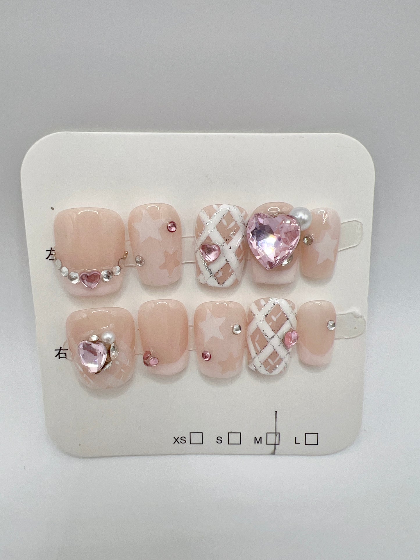 Pink Short Square Press On Nails with Rhinestone – Medium Size