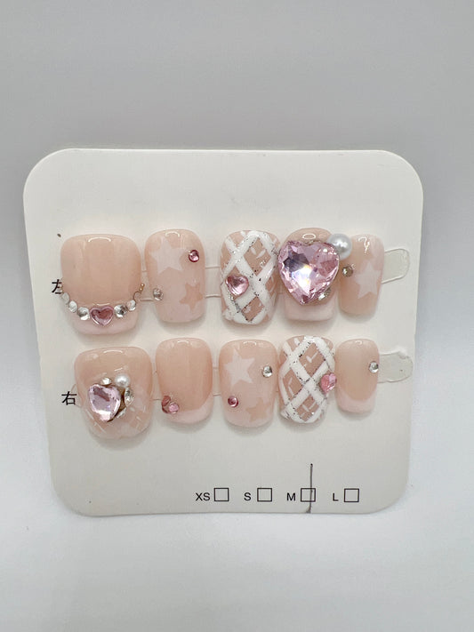 Pink Short Square Press On Nails with Rhinestone – Medium Size