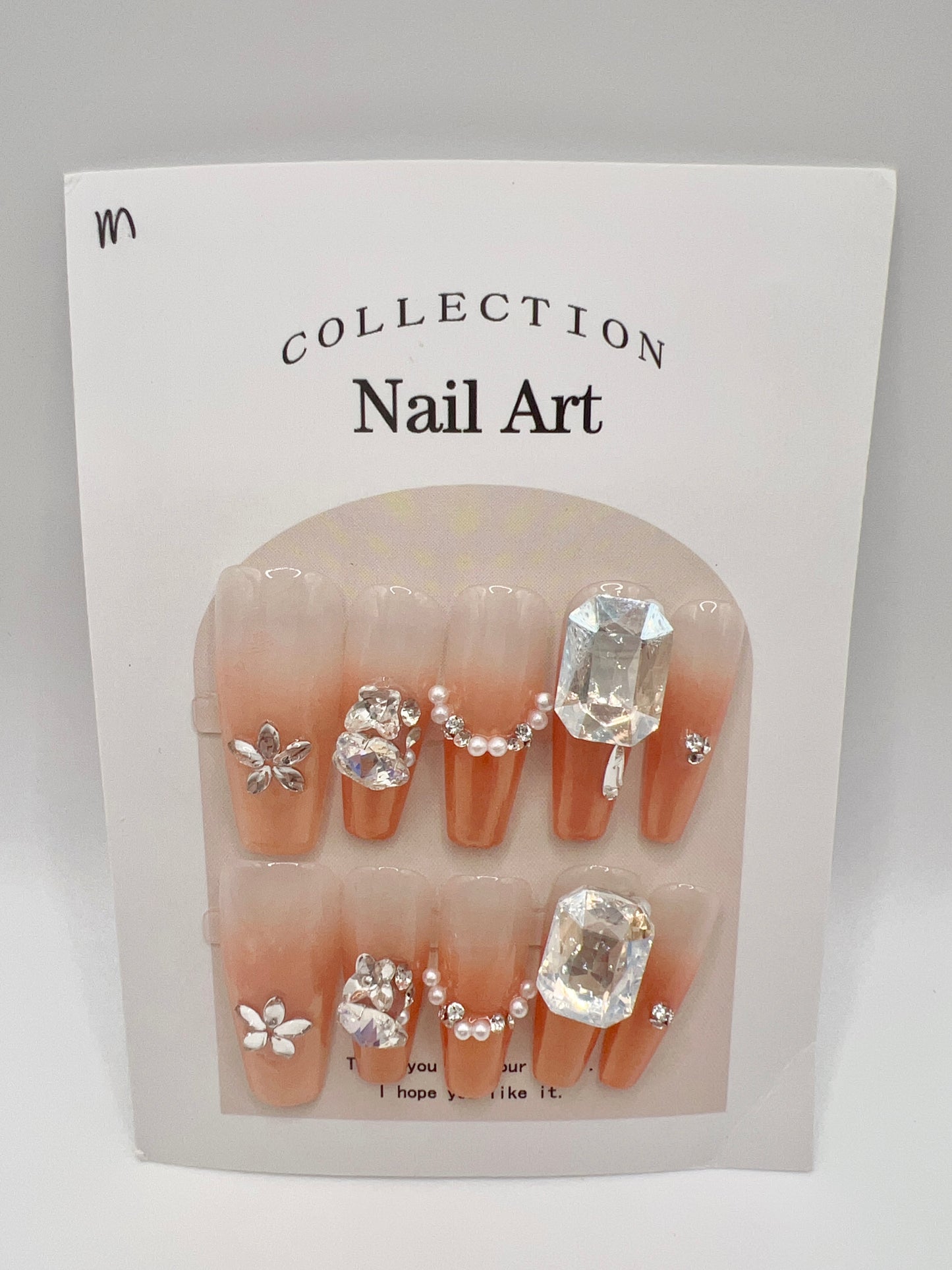 Long Coffin Orange Gradient Press On Nails with Rhinestone and Pearl