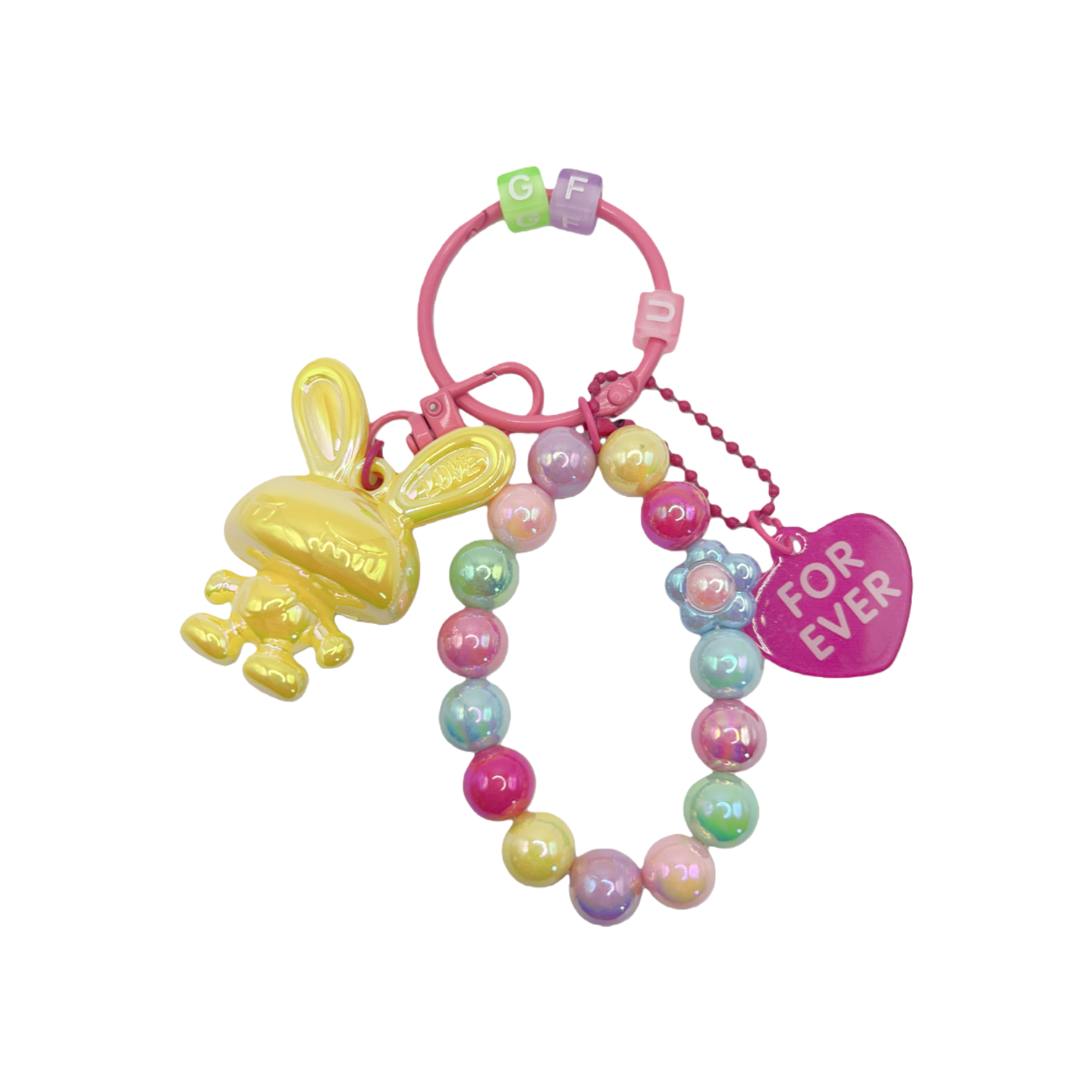 Bright Lacquered Shine Bunny Keychain with Bead Bracelets & Forever Heart Charm – Detachable Cute Bag Chain Accessory, 6 Colors
