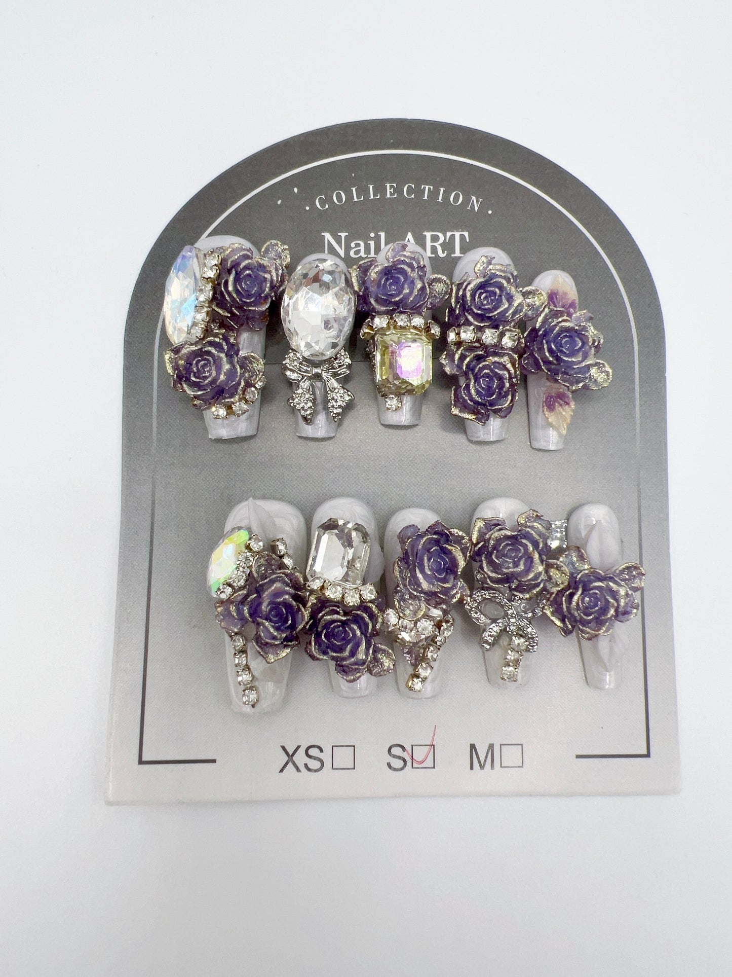 Luxury Rhinestone Press-On Nails with 3D Flower Charms – Long Coffin Shape, Small Size, Reusable