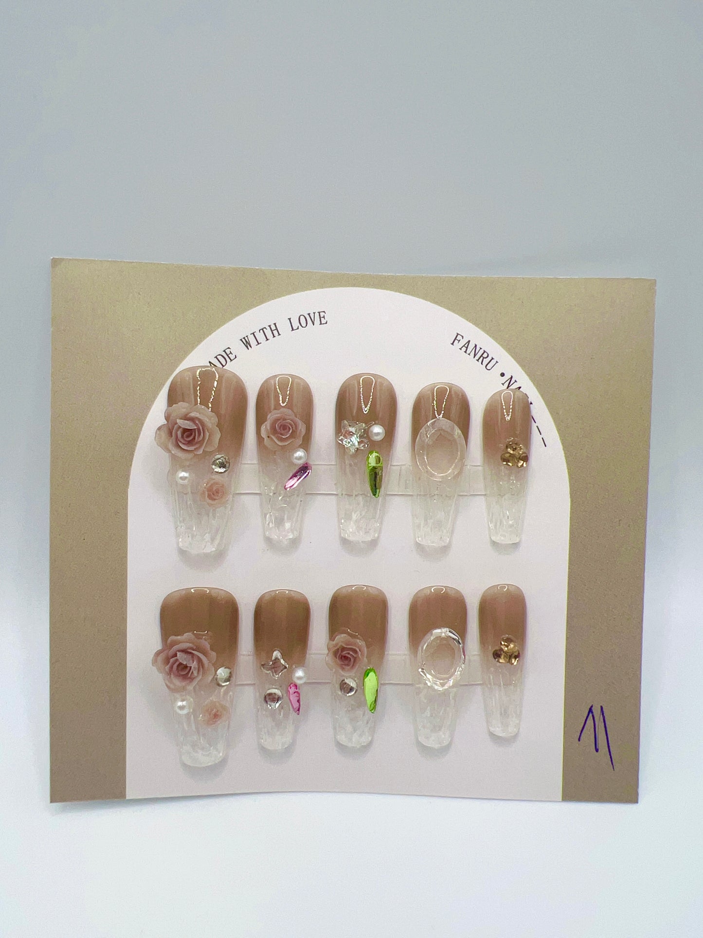 Long Coffin Press On Nails with Rhinestone, Pearl & 2D Flower