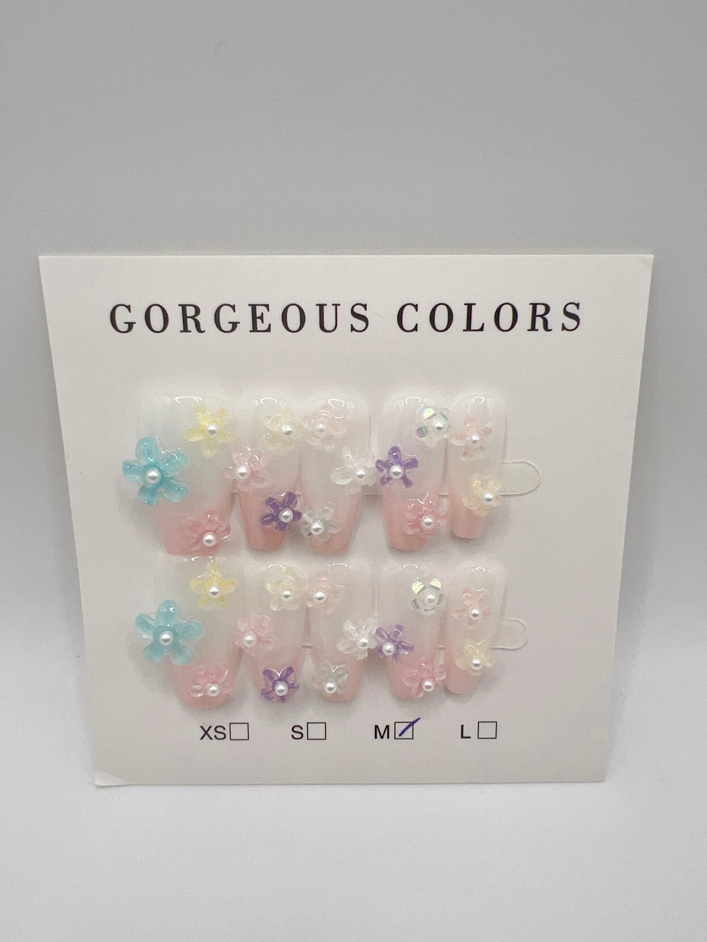 Medium Coffin Press On Nails with Flower Charms and Pearl