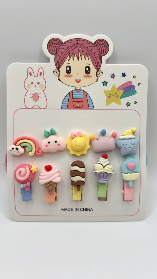 Handmade Cartoon Mix Hair Tie & Clip Set – 10pcs, Cute for Girls Gift Idea