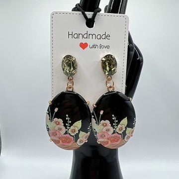 Colorful Rhinestone & Floral Porcelain Drop Earrings – Unique Artistic Jewelry-multi color available