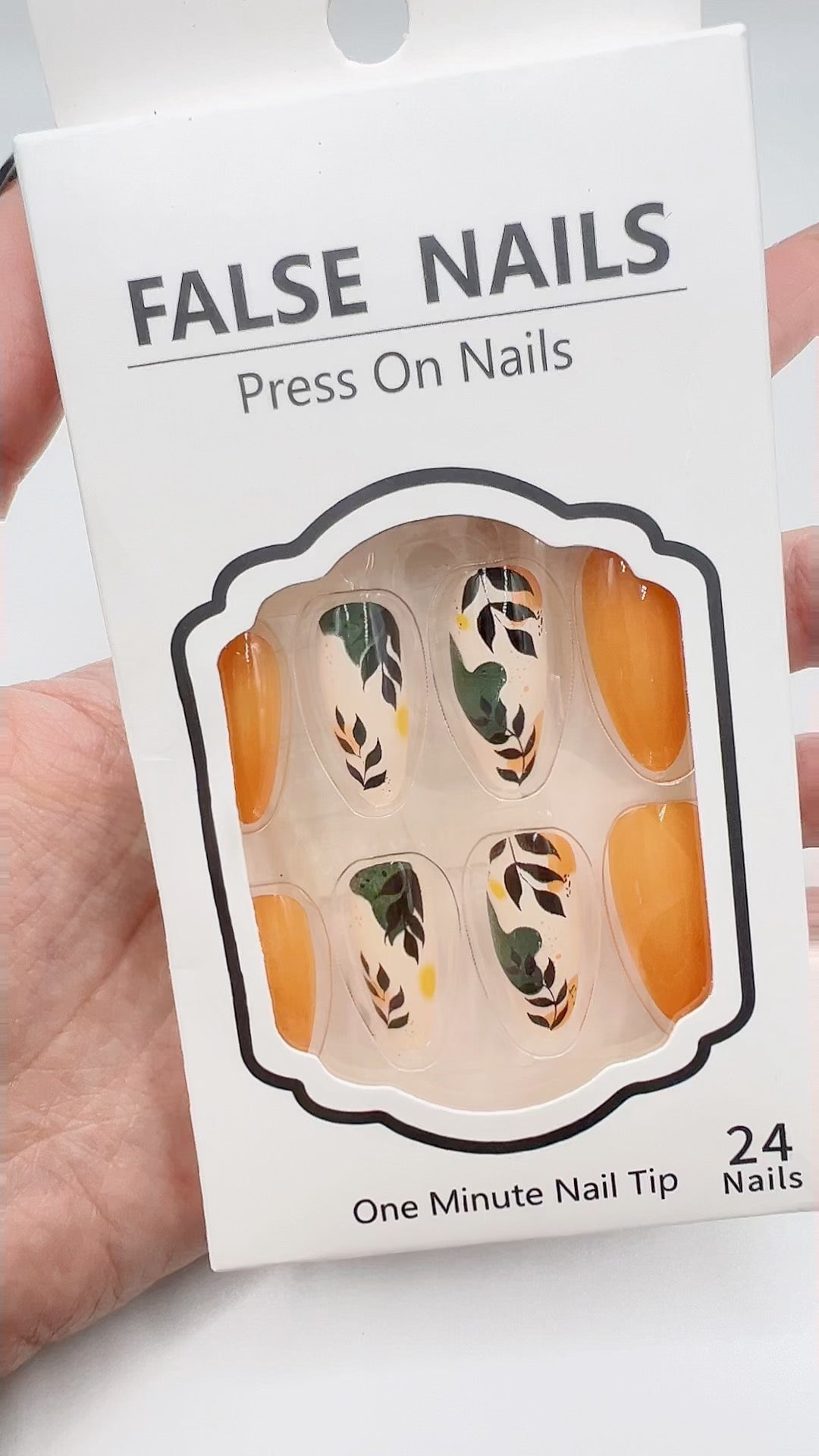 24pcs Almond Press On Nails with Leaf Design Orange 23–25mm Fit All Sizes