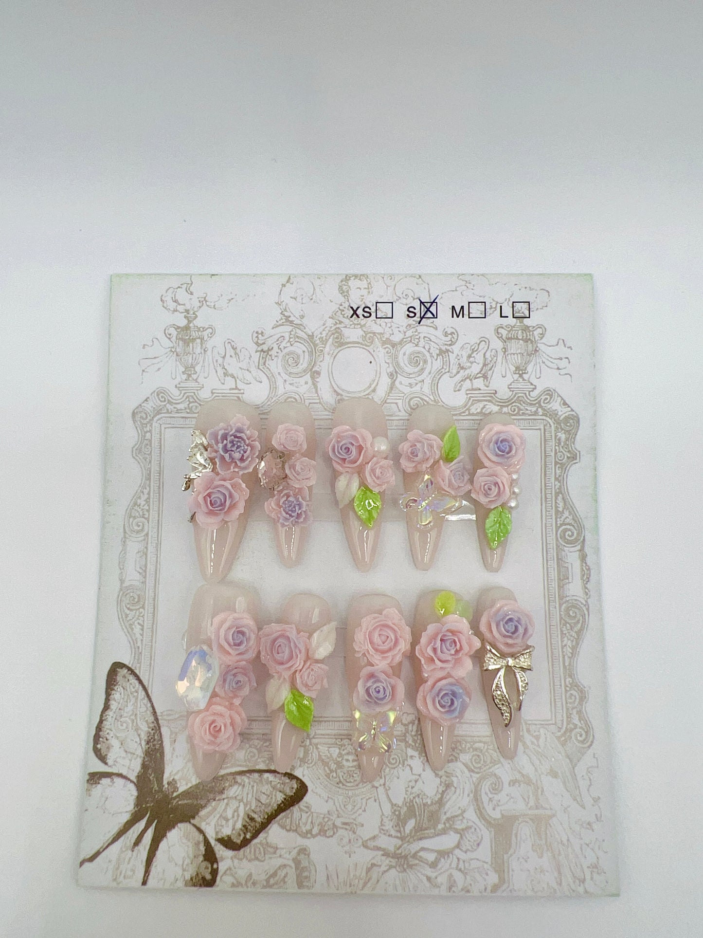 Long Stiletto Press On Nails with Rhinestone & 2D Flowers – Small Size